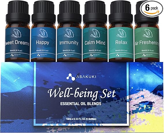 ASAKUKI Essential Oil Blends, Essential Oils for Diffusers for Home, Well-Being Kit- Calm Mind, Sweet Dreams, Happy, Relax, Air Freshening, Immunity for Aromatherapy, Humidifiers, Massage, 6x10ml