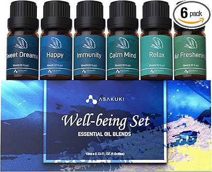 ASAKUKI Essential Oil Blends, Essential Oils for Diffusers for Home, Well-Being Kit- Calm Mind, Sweet Dreams, Happy, Relax, Air Freshening, Immunity for Aromatherapy, Humidifiers, Massage, 6x10ml