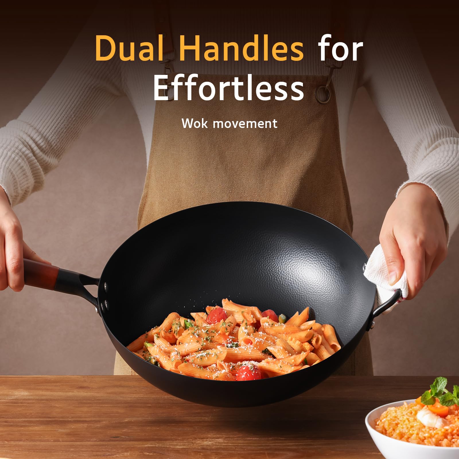 Kordisen Wok de Acero al Carbono 32cm con Tapa, Mango de Madera, Fondo Plano para Inducción y Gas, Antiadherente Natural, Gran Capacidad para 3-6 Personnes, Sartenes para Saltear Estilo Asiático | 17 cm Flachboden für Induktion, Gas, Elektro und Glaskeram