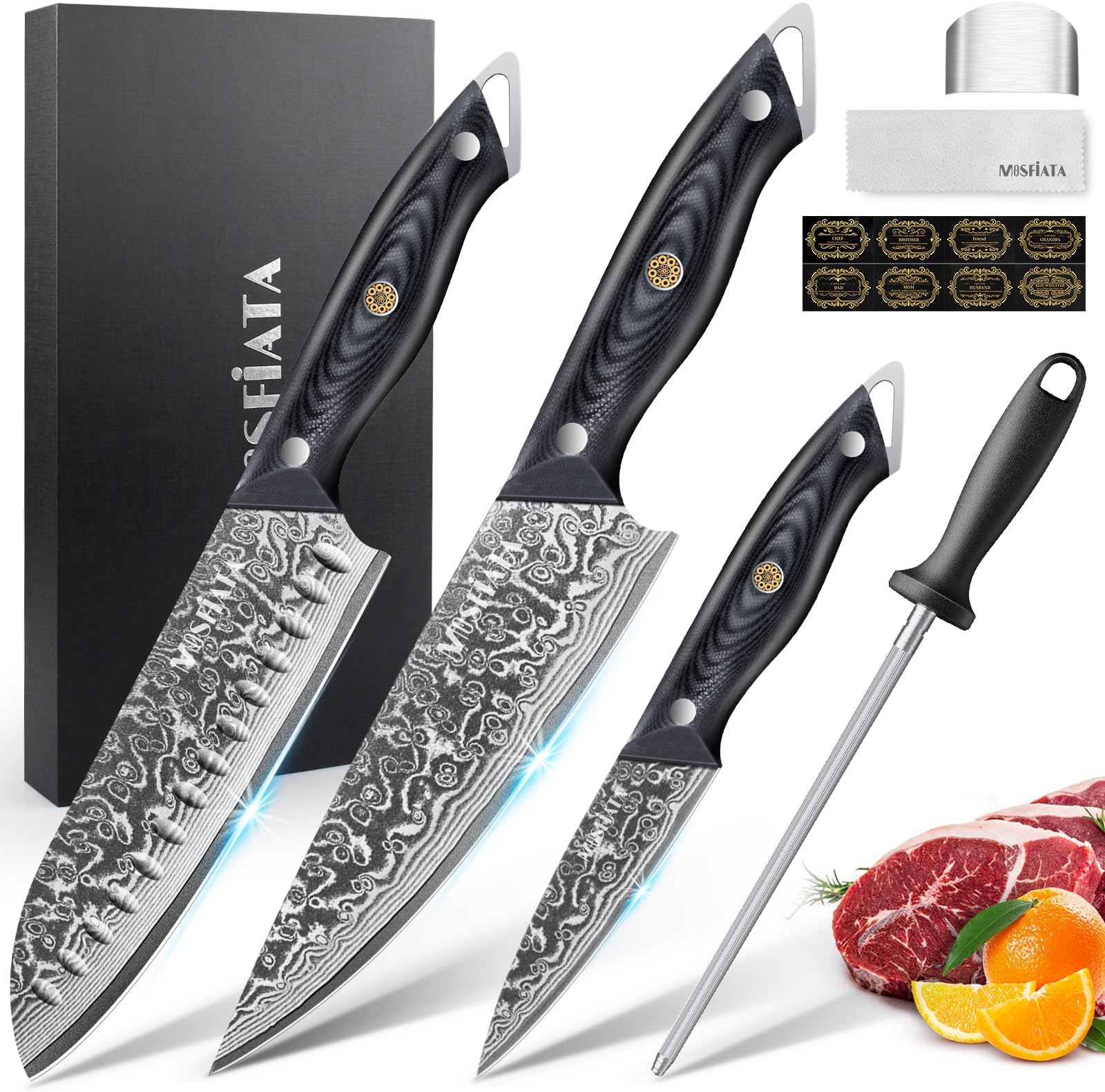 MOSFiATA Damascus Chef Knives Set 3PCS, Professional Ultra Sharp Chef's ...