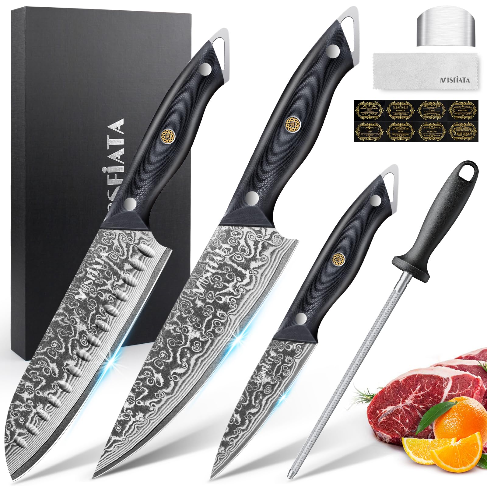 MOSFiATA Zestaw noży damasceńskich, nóż szefa kuchni 20 cm, nóż Santoku, 8 cali, nóż do owoców, stal damasceńska VG10, zestaw upominkowy z ochroną palców i ściereczką