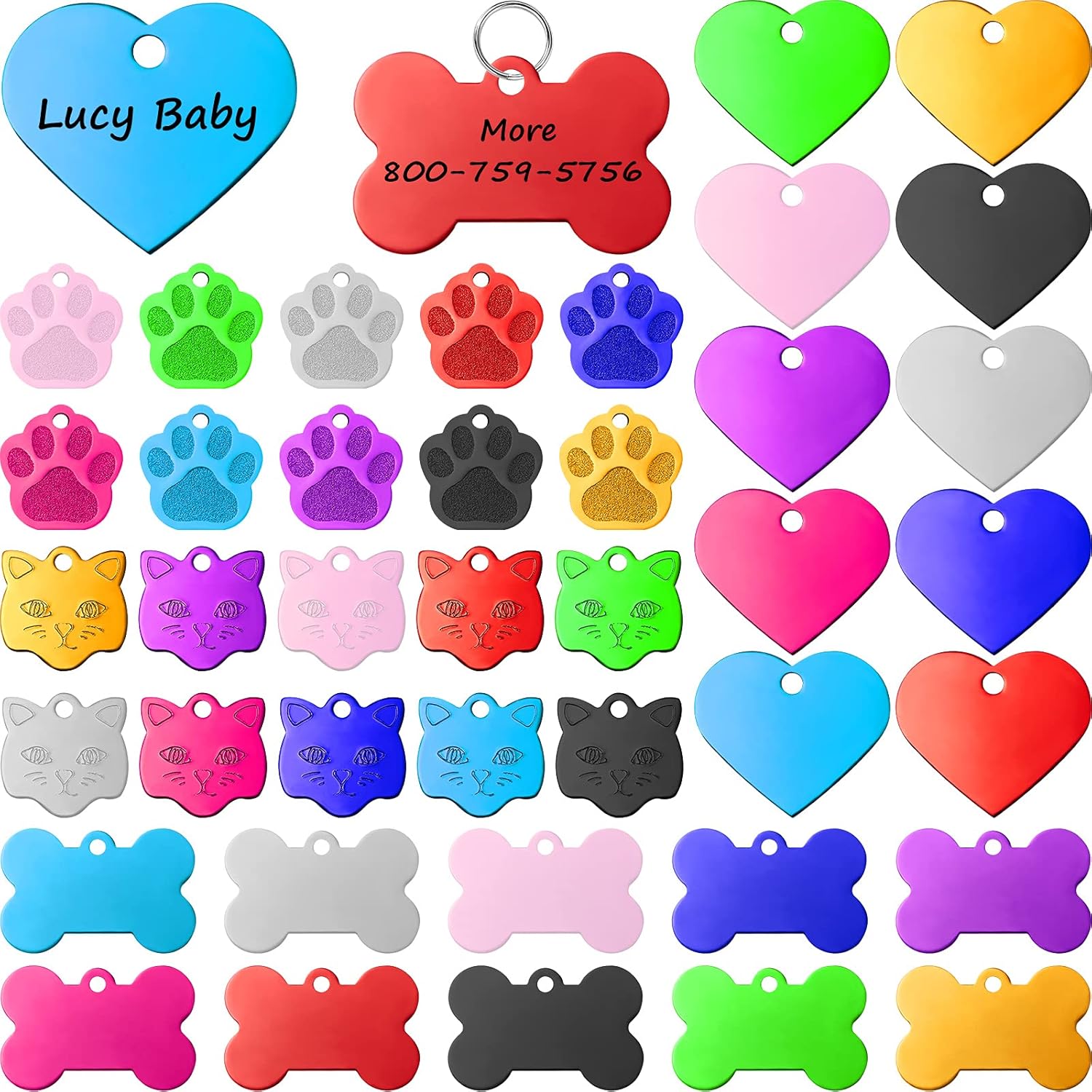 Frienda 40 Pack Colorful Blank Pet ID Tags for Dogs Cats - Aluminum Bone Paw Heart Cat Head Shapes, Personalized Engraving Ready