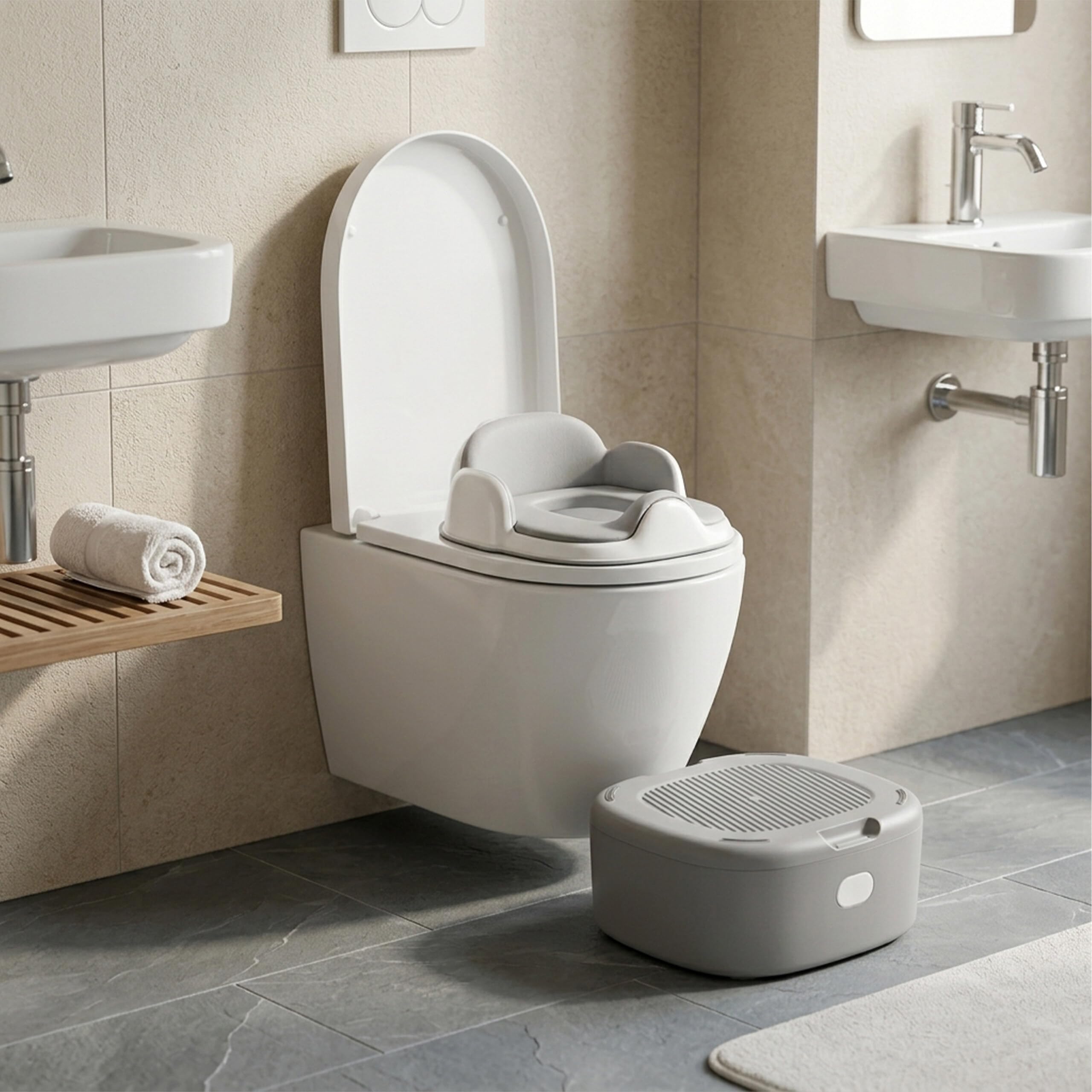 Relaxdays Vasino 4-in-1 con coperchio, grigio | A x L x P: 33,5 x 36,5 x 29 cm, riduttore WC e sgabello, da viaggio