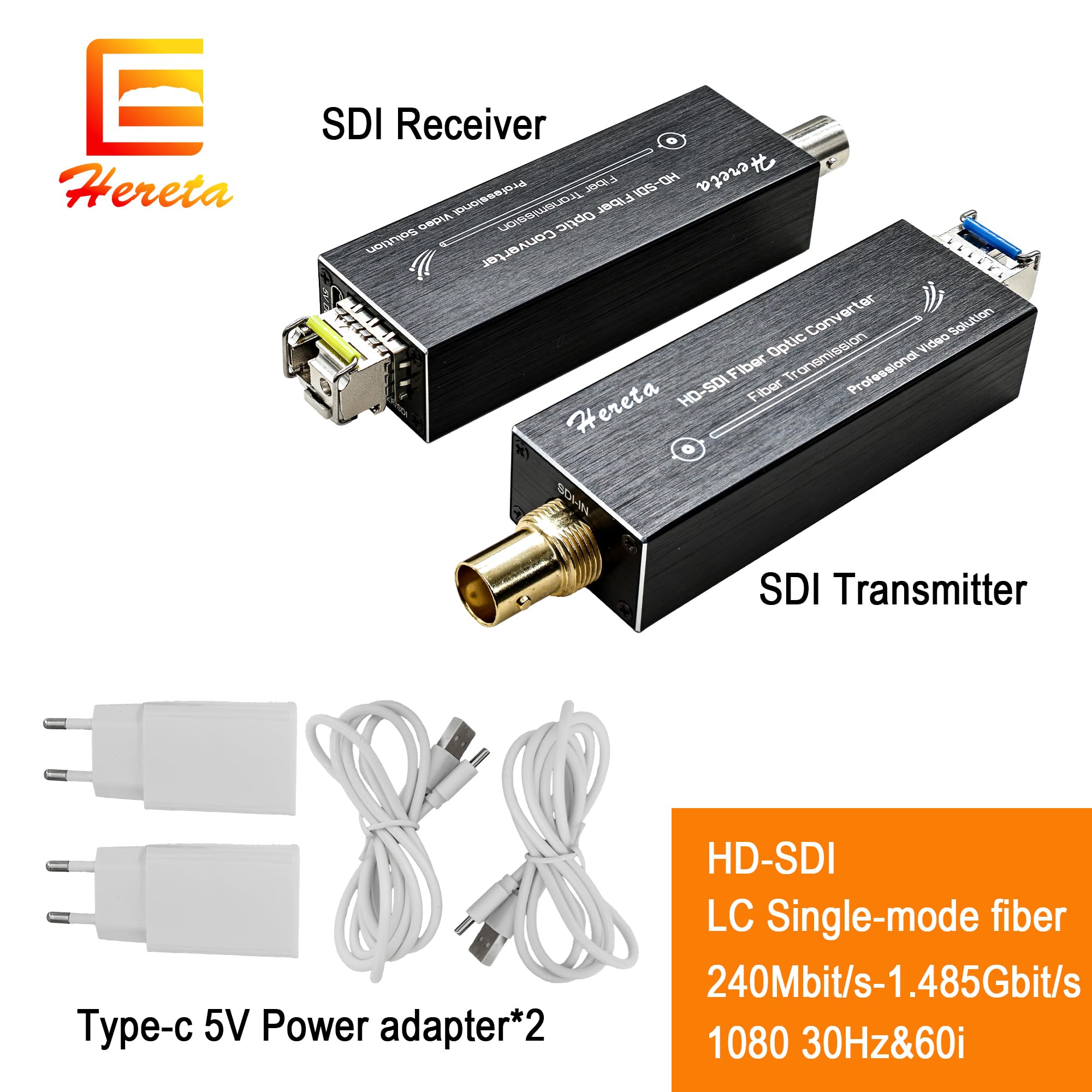 Mini extension de fibre HD-SDI, rallonge vidéo 1080p, kit convertisseur de fibre avec module SFP jusqu'à 20 km sur monomode, émetteur-récepteur optique avec alimentation de type C, non compressé, sans