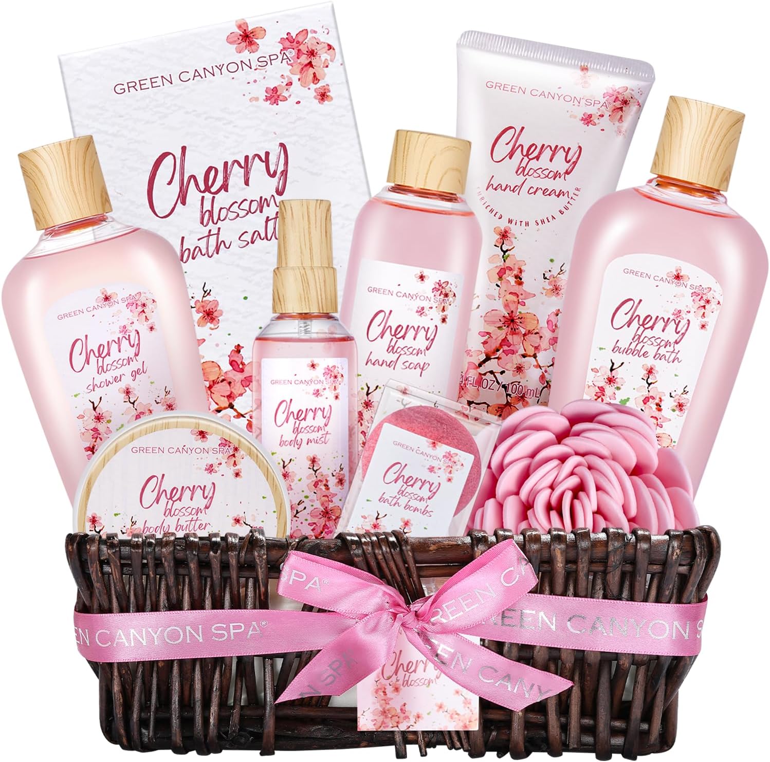 Green Canyon Spa Birthday Gifts for Women 11 Pcs Cherry Blossom Spa Gift Baskets Gift for Mom Her Friend Sister Wife Mothers Day Gifts for Her Bath and Body Gift Sets Presents for Her