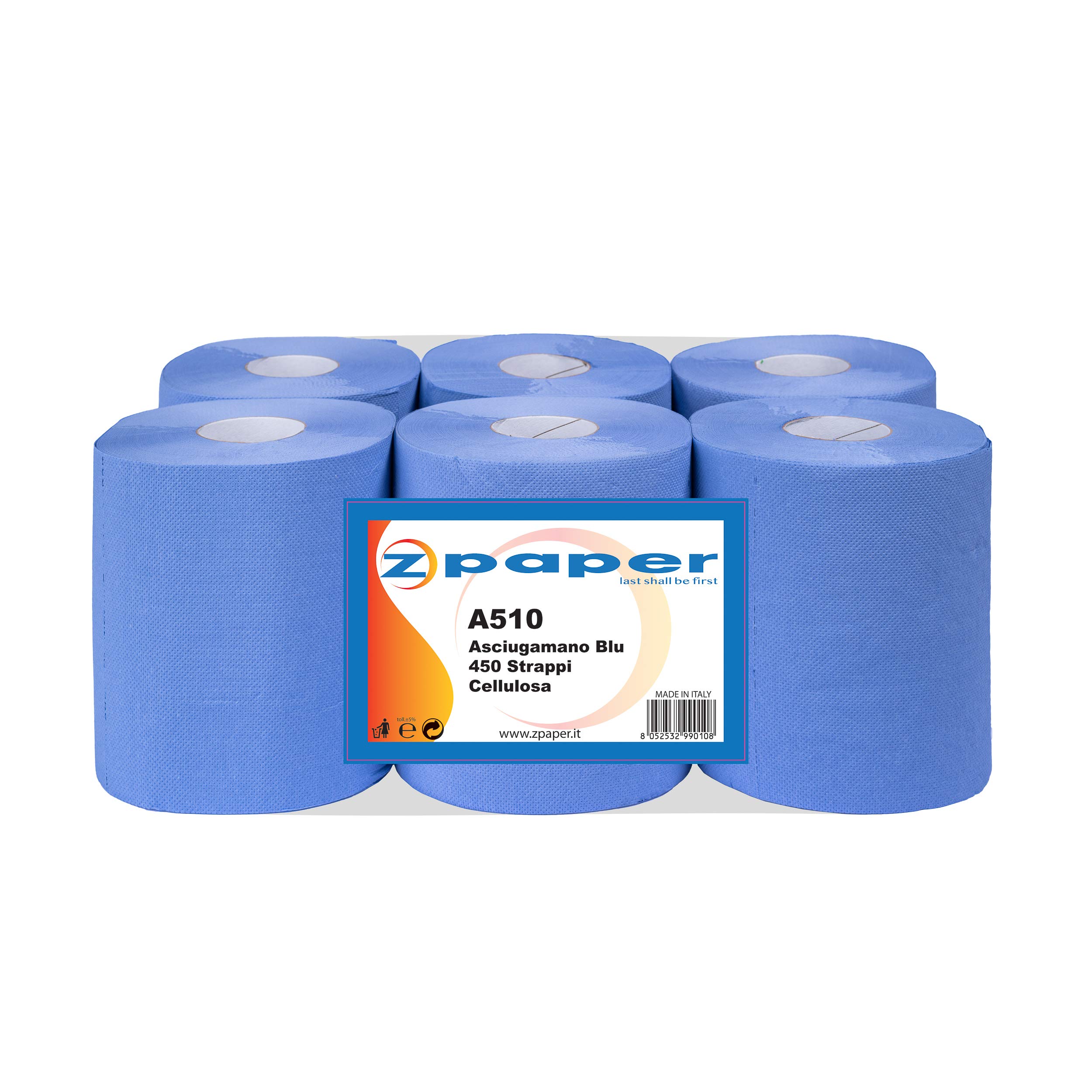 ZPAPER - 6 Rotoli Asciugamani BLU - Carta Cellulosa 450 Strappi a Rotolo, 2 Veli, Anima a Spirale, Confezionati. Rotoli Bobine Asciugatutto