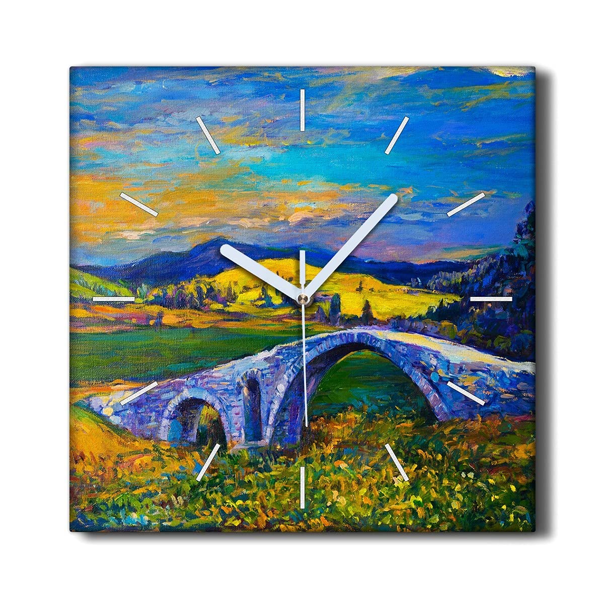 Horloge sur Toile 30x30cm Coloray Pont Paysage Décoration Murale