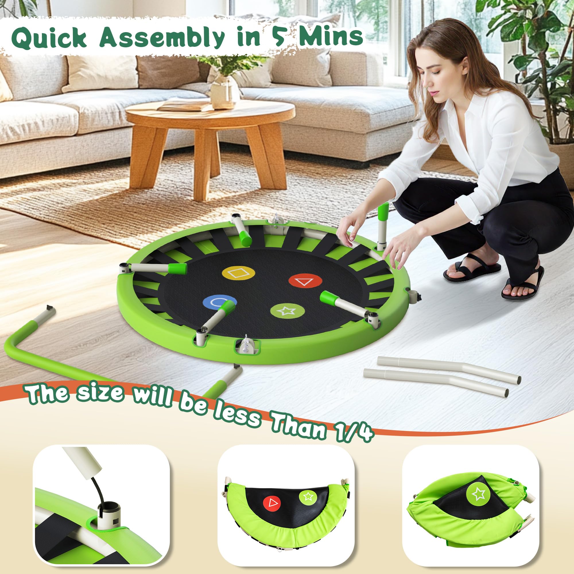 JOY SPOT! Trampolin Kinder Indoor Outdoor, Ø91cm Mini Trampolin mit Verstellbarer Haltegriff, Faltbares Kindertrampolin bis 45 kg, Fitness Rebounder mit Sicherheitspolster für Kleinkind 3-12