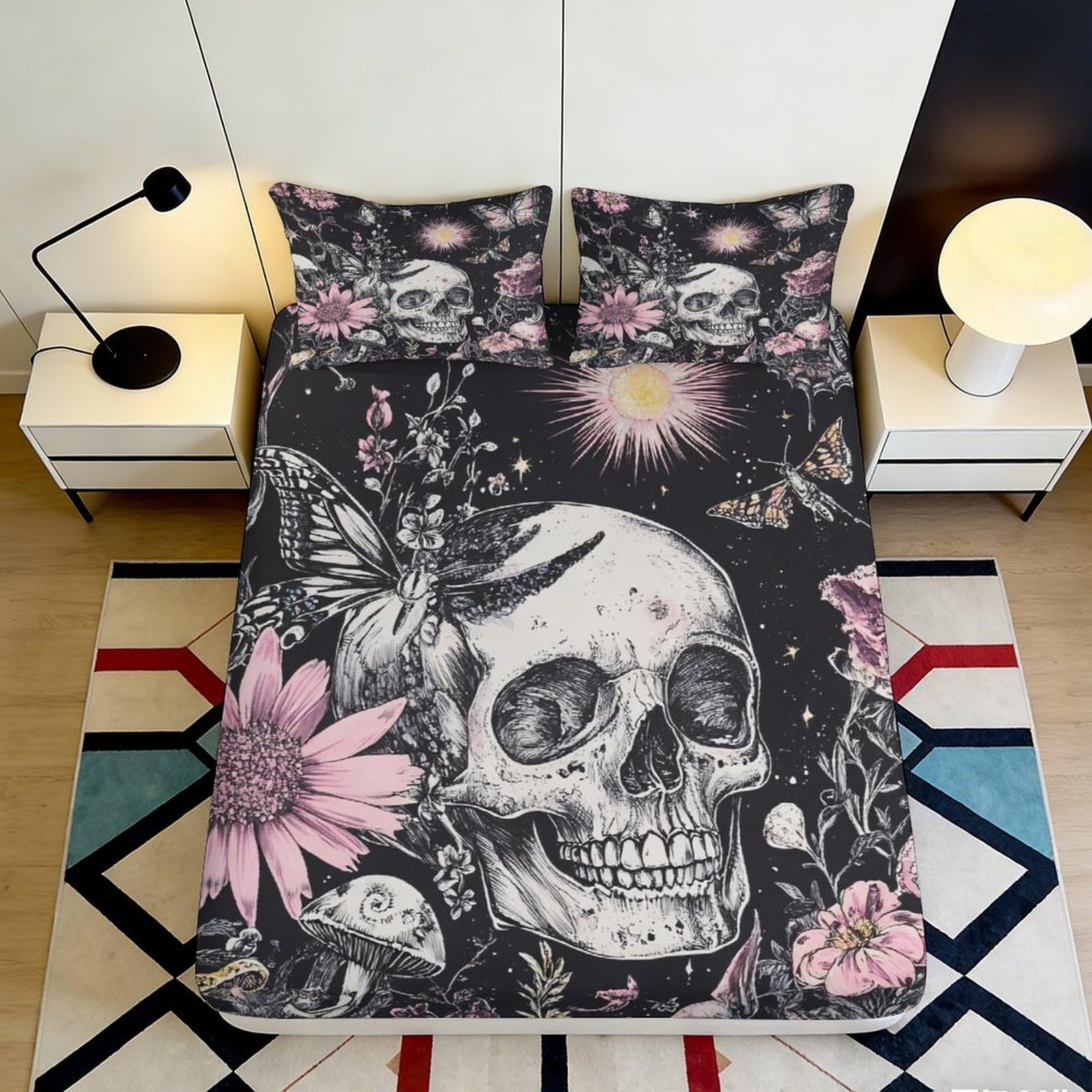 3D Printed Gothic Skull Butterfly Fitted Sheet Microfiber Soft Durable Night Sky Bed Cover for Bedroom Dormitory Guest Room Mattress Protection 120x200x25cm