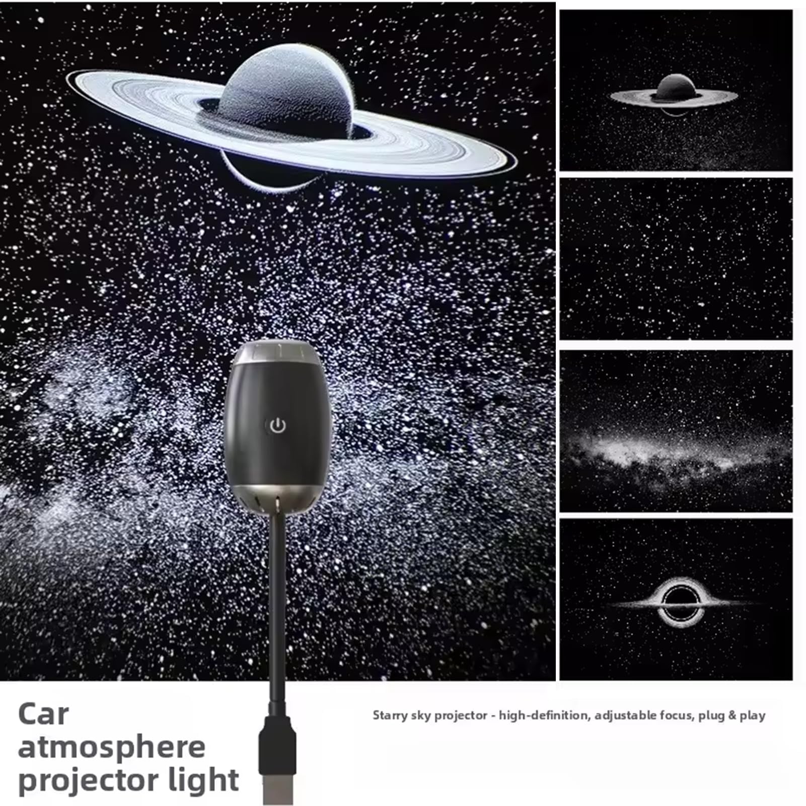 Proyector de Cielo Estrellado USB, Lámpara Galaxy para Coche | Diseño de Cuello de Cisne Flexible 360°, Anillo de Enfoque y Proyección Gran Angular, Plug & Play(Black hole)