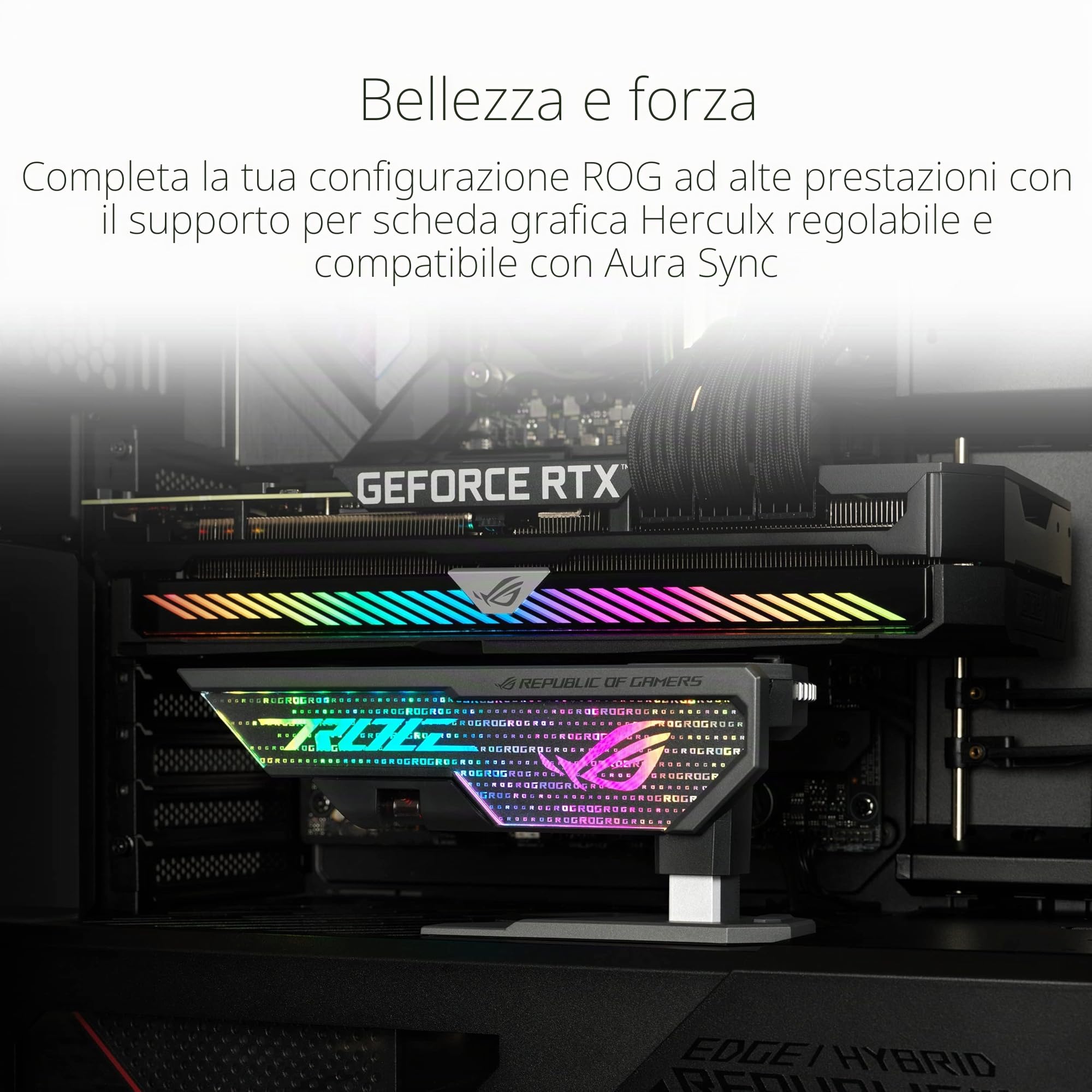 ASUS ROG Herculx Sostegno Per Scheda Grafica, Montaggio Senza Attrezzi, Comoda Livella Integrata, Struttura in Lega Di Zinco, Altezza Regolabile da 72 a 128mm, Aura Sync, Nero