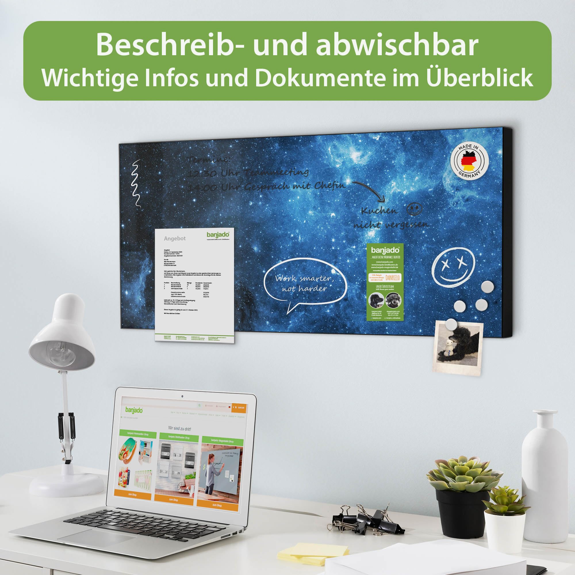 banjado Magnettafel Metall 78 x 37cm - beschreibbare Magnettafel - Metall Pinnwand als Memoboard - Magnetwand Küche, Büro, Kinderzimmer Schwarz inkl. 4 Magnete & Montageset - Motiv Universum