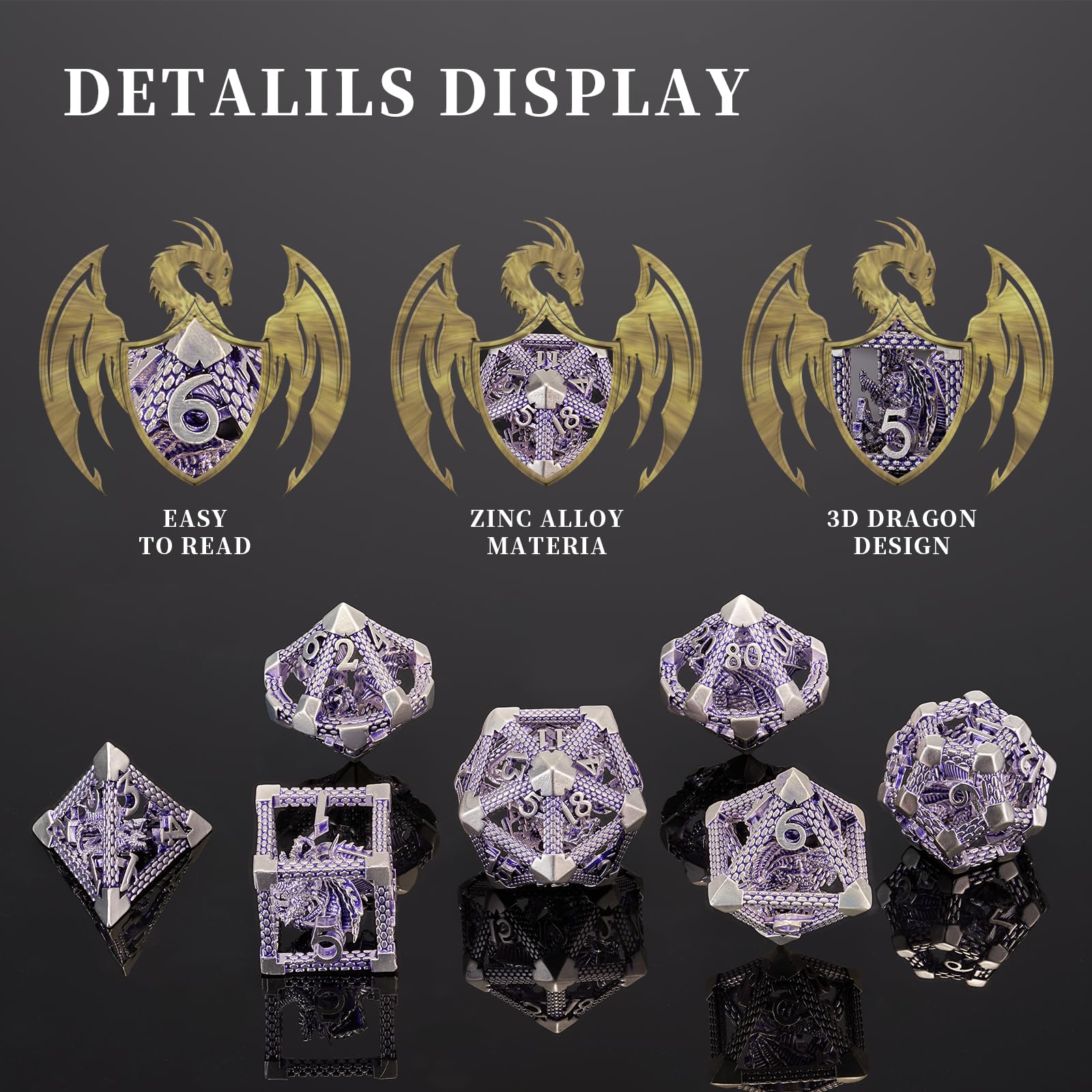 DND Dados, HNCCESG - Juego de dados poliédricos de metal hueco de dragón morado y blanco para juegos de mesa de Dungeons and Dragons RPG MTG (dragón blanco y púrpura)