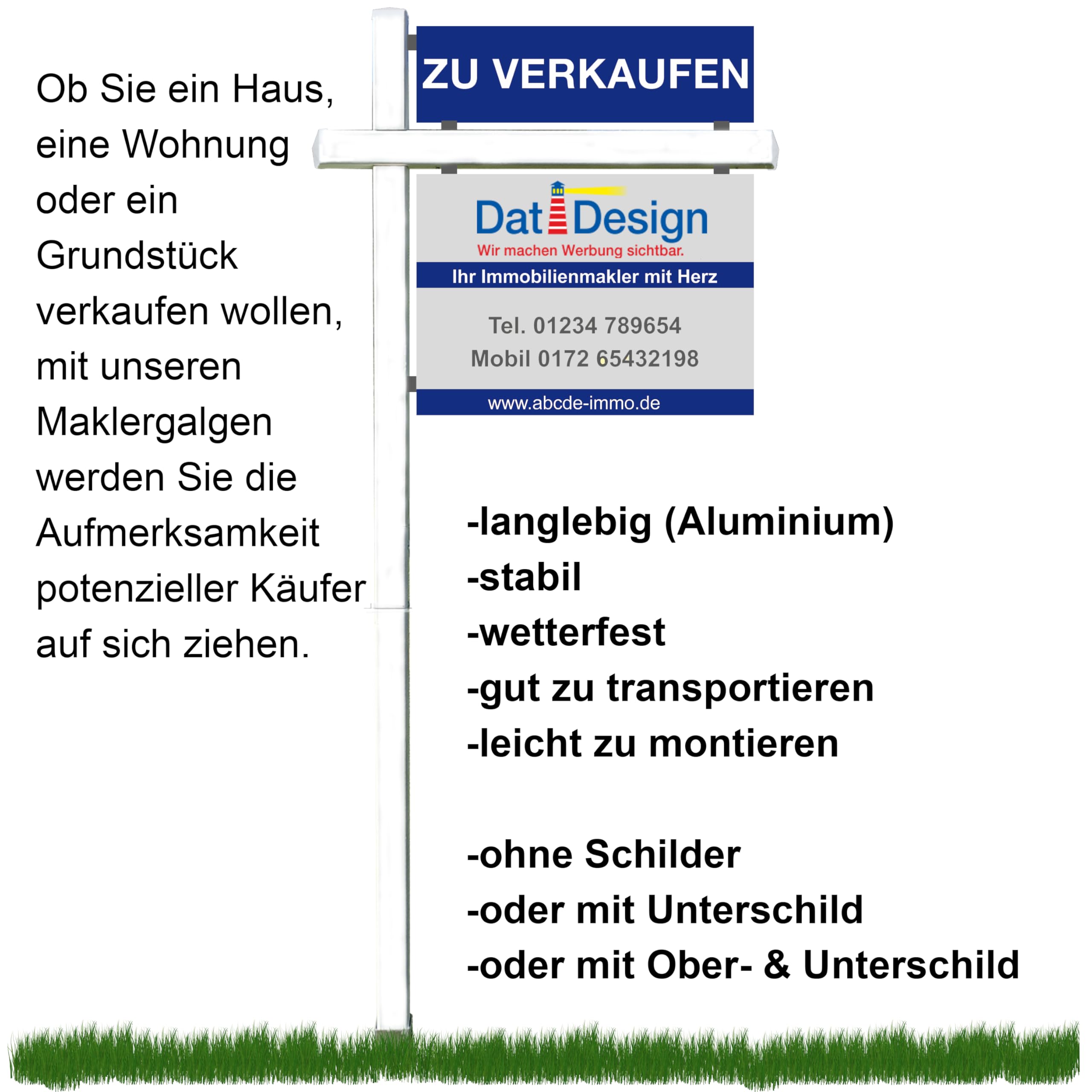 Maklergalgen aus Aluminium – Werbegalgen/Schilderhalter für Außenschilder – gewerblich – inkl. Erdspieß & Schildern