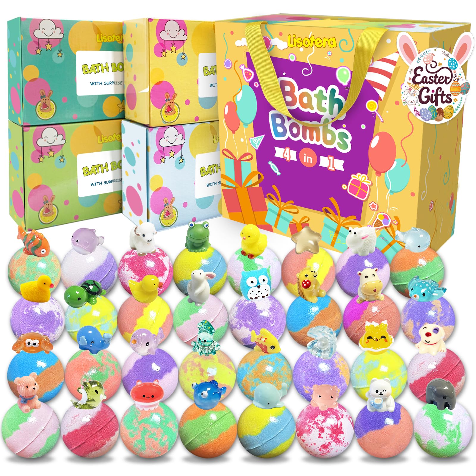 Bath Bombs for Kids Surprise Inside 32 Pack Bath Bombs with Land and Sea Animal Toys, Bath Ball Gift Set for Kids with Bubbles Colo