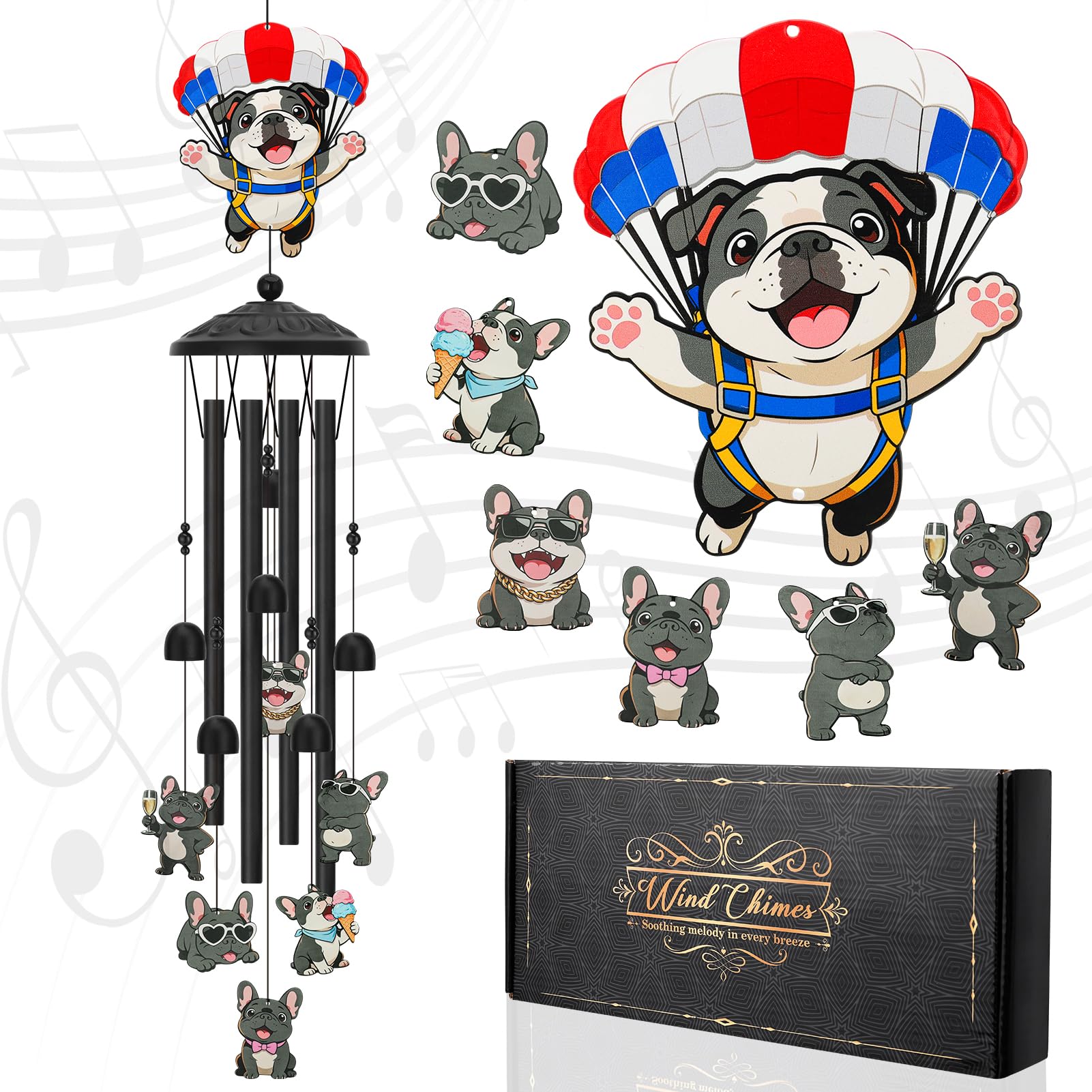 Meng Jiaran Colorful Bulldog Wind Chimes for Outside Metal Windchimes for Bulldog Lovers, 35 Inch Wind Chime Garden Decor for Dog Memorial, Birthday Gifts for Patio, Porch,Yard Decor Art