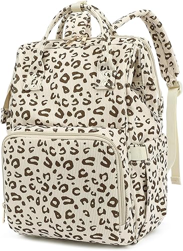Pañalera de pana para bebés, niñas y niños, bolsas grandes para pañales para mamá (leopardo de pana beige)