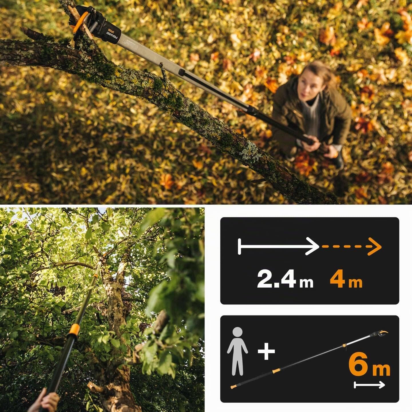 Fiskars Pértiga telescópica con cuchilla Bypass para ramas grandes y pequeñas, Capa antiadherente, Cuchillas de acero/Mango de aluminio, Longitud ajustable: 2,4 – 4 m, Negro/Naranja, UPX86, 1023624
