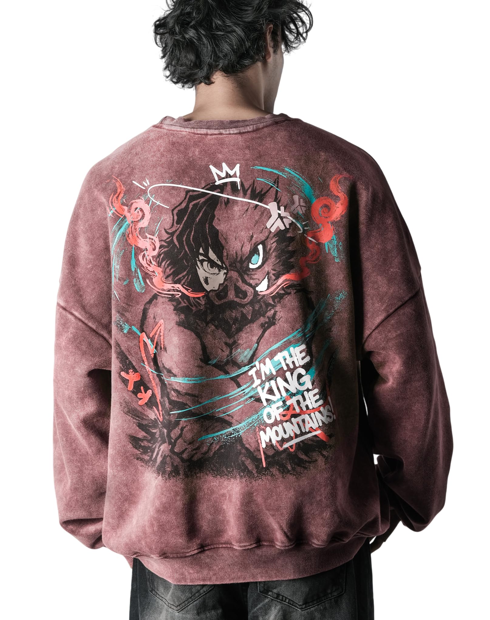 ComicSense Unisex Anime Oversized Stone Washed Sweatshirt for Men & Woman, Boar Head Printed Wine Red Sweatshirts-picture-11