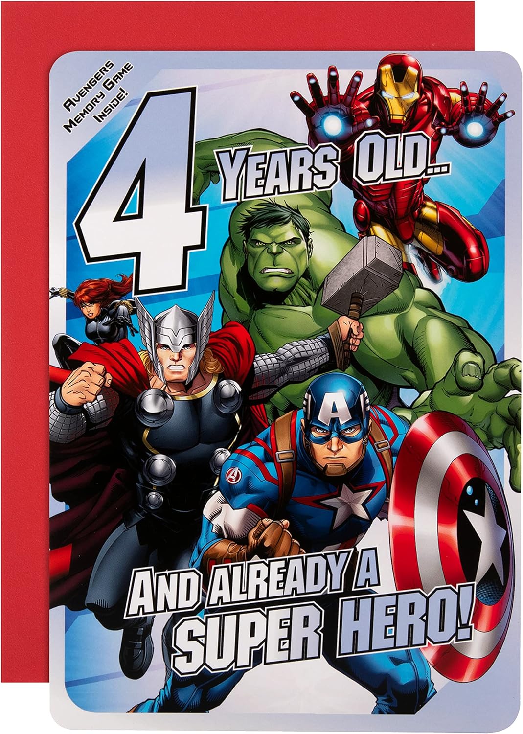 Hallmark 4th Birthday Card, Marvel Superheroes, with Activity, Blue