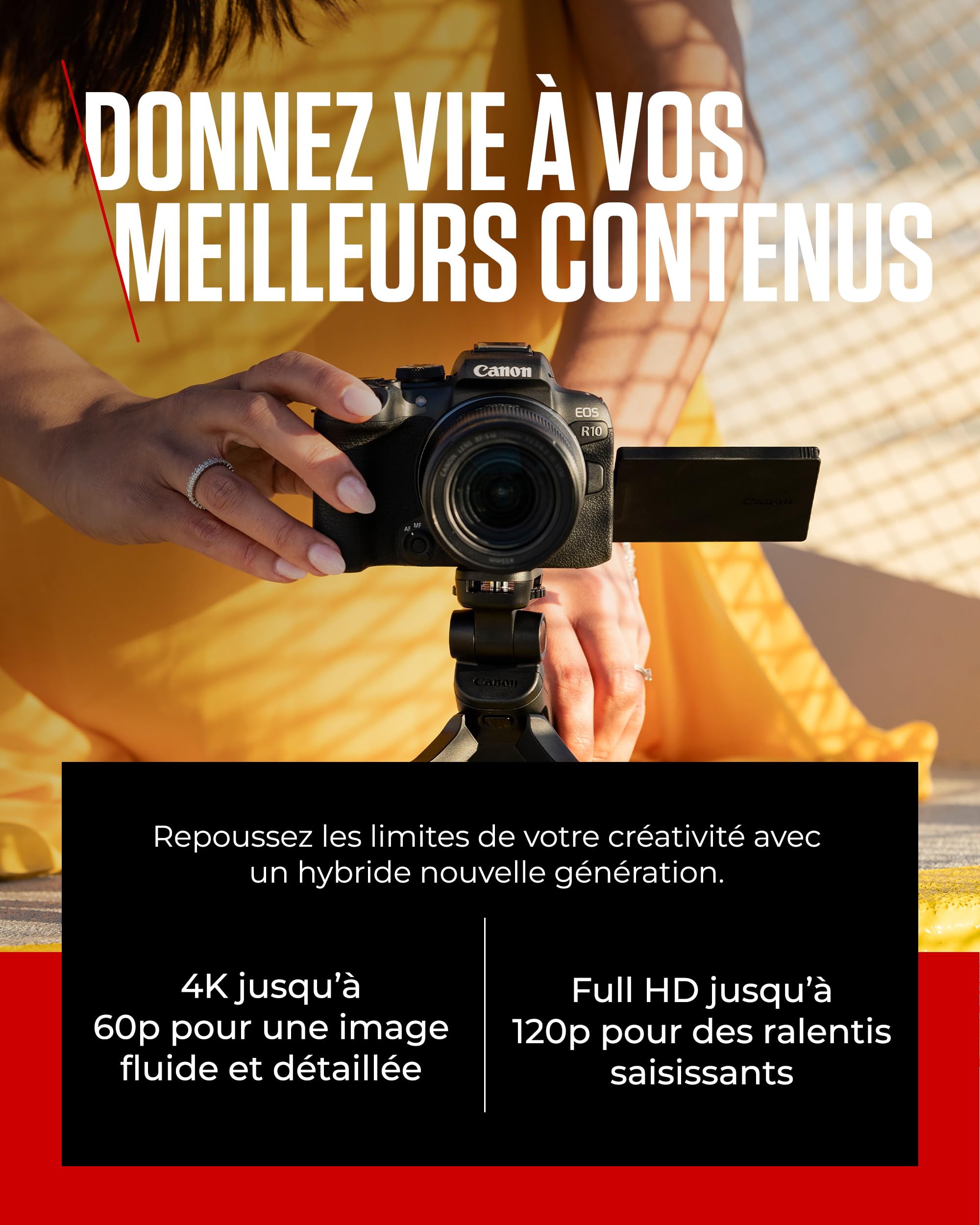 Appareil photo compact Canon EOS R10 (boîtier seul) - Appareil photo numérique - Autofocus CMOS Dual Pixel II et vidéo 4K jusqu'à 60 ips -Bluetooth, Wi-Fi USB-C - L’Allié Idéal De Toutes Vos Aventures