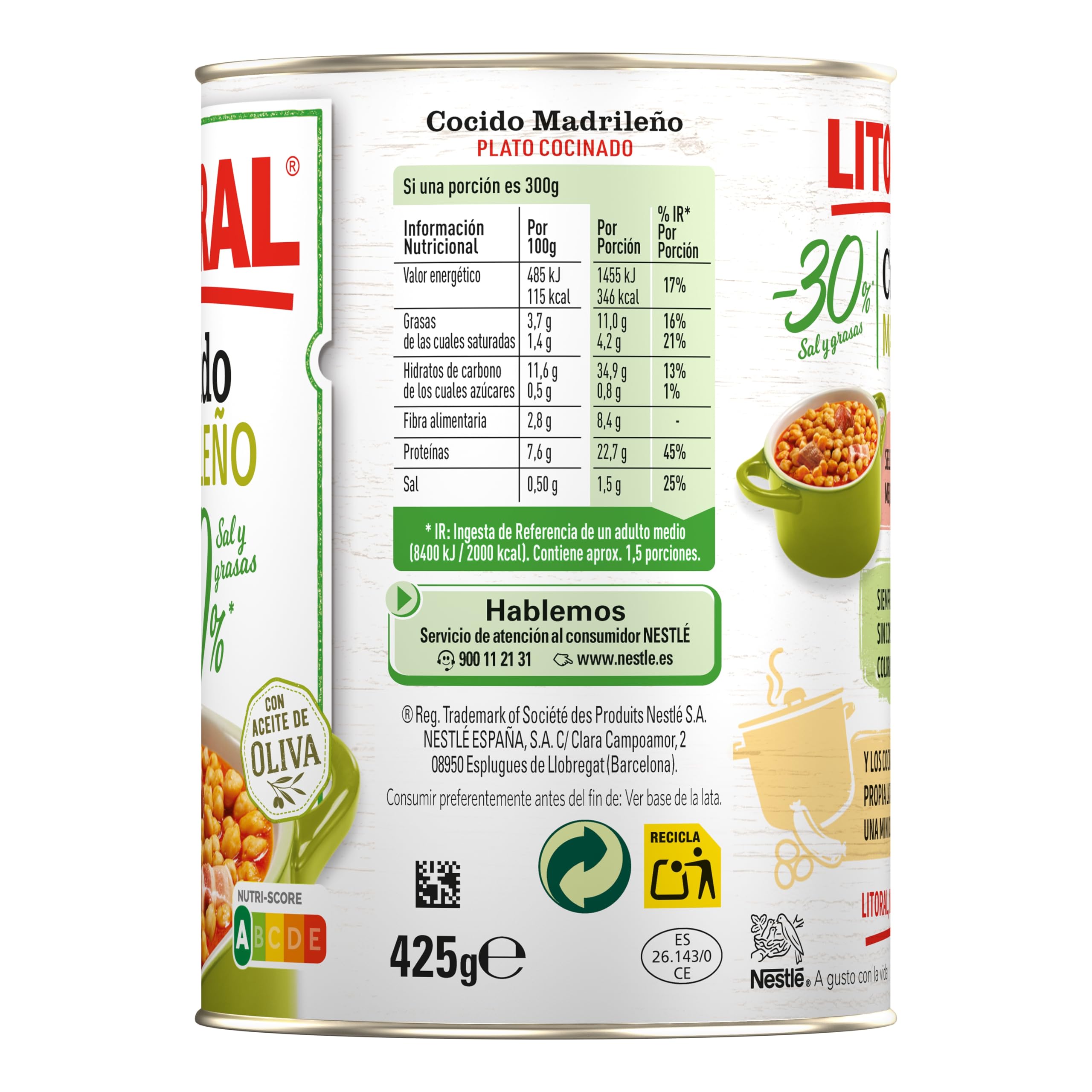 Litoral Cocido Madrileño -30% Sal y Grasa - Plato Preparado Sin Gluten - Pack de 10x425g - Total: 4.25kg — view 2