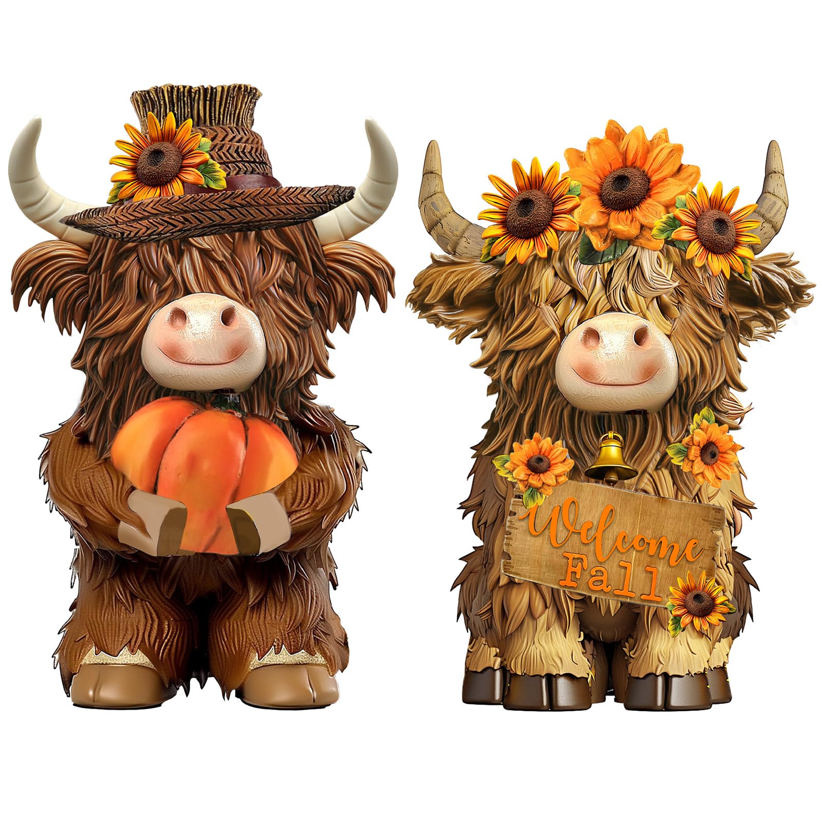 2 Pack Fall Decor Highland Cow Resin Figurine Fall Pumpkin Flower Highland Cow Gnomes Scottish Resin Statue Calf Lovers Gifts for Autumn Home Garden Kitchen Office Tiered Tray Table Decor