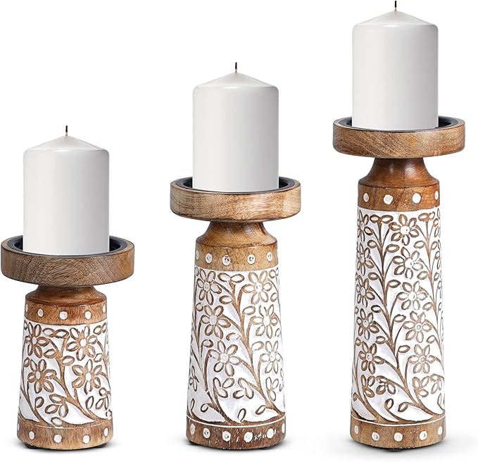 Pillar Candle Holders Set of 3 - Rustic White Hand Carved Mango Wood