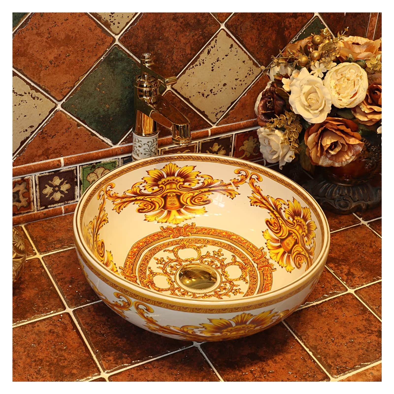WOTZOV Vessel Sink,Courtly Style Bathroom Artistic Porcelain Vessel Bowl,Round Above Counter Lavatory Vanity Art Basin,