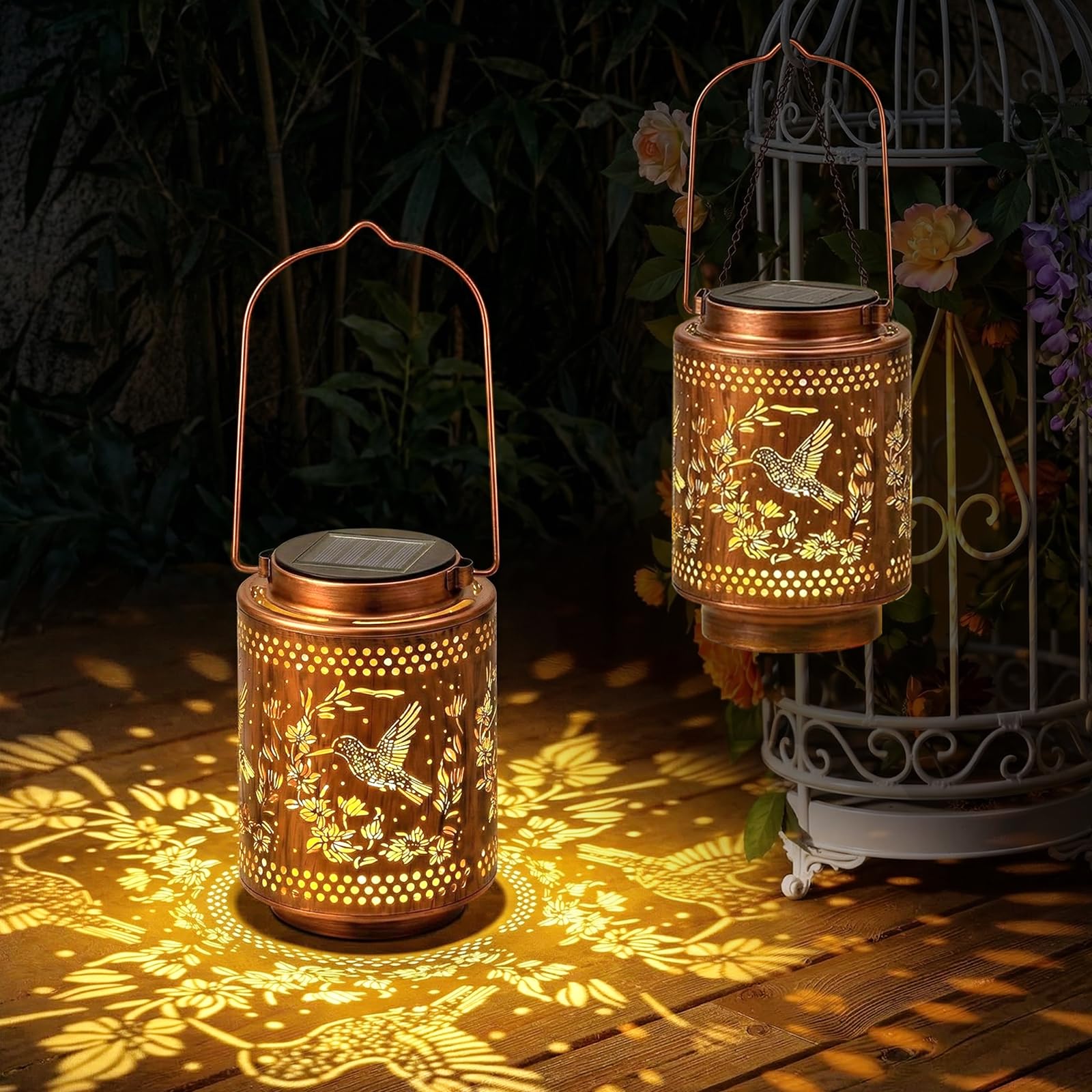 2PCS Hummingbird Solar Lantern Garden Ornaments, IP65 Waterproof Hanging Solar Lights for Outdoor Garden Table Patio Decor, for Women Mom Grandma