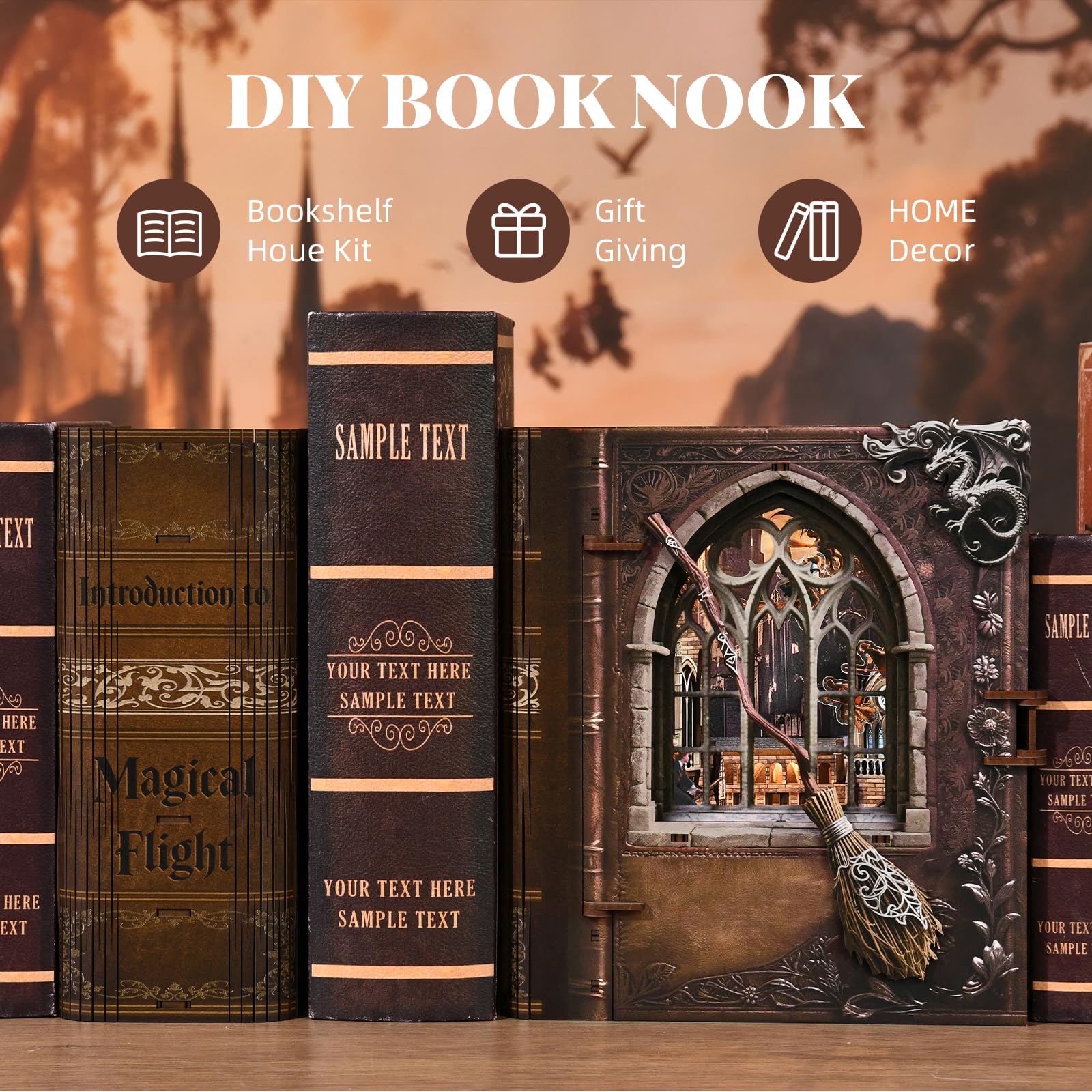MiniCity Kit Book Nook con luce LED, kit per casa in miniatura per compleanno, puzzle 3D in legno, decorazione per libreria, per adulti, adolescenti, principianti (introduzione al volo magico)