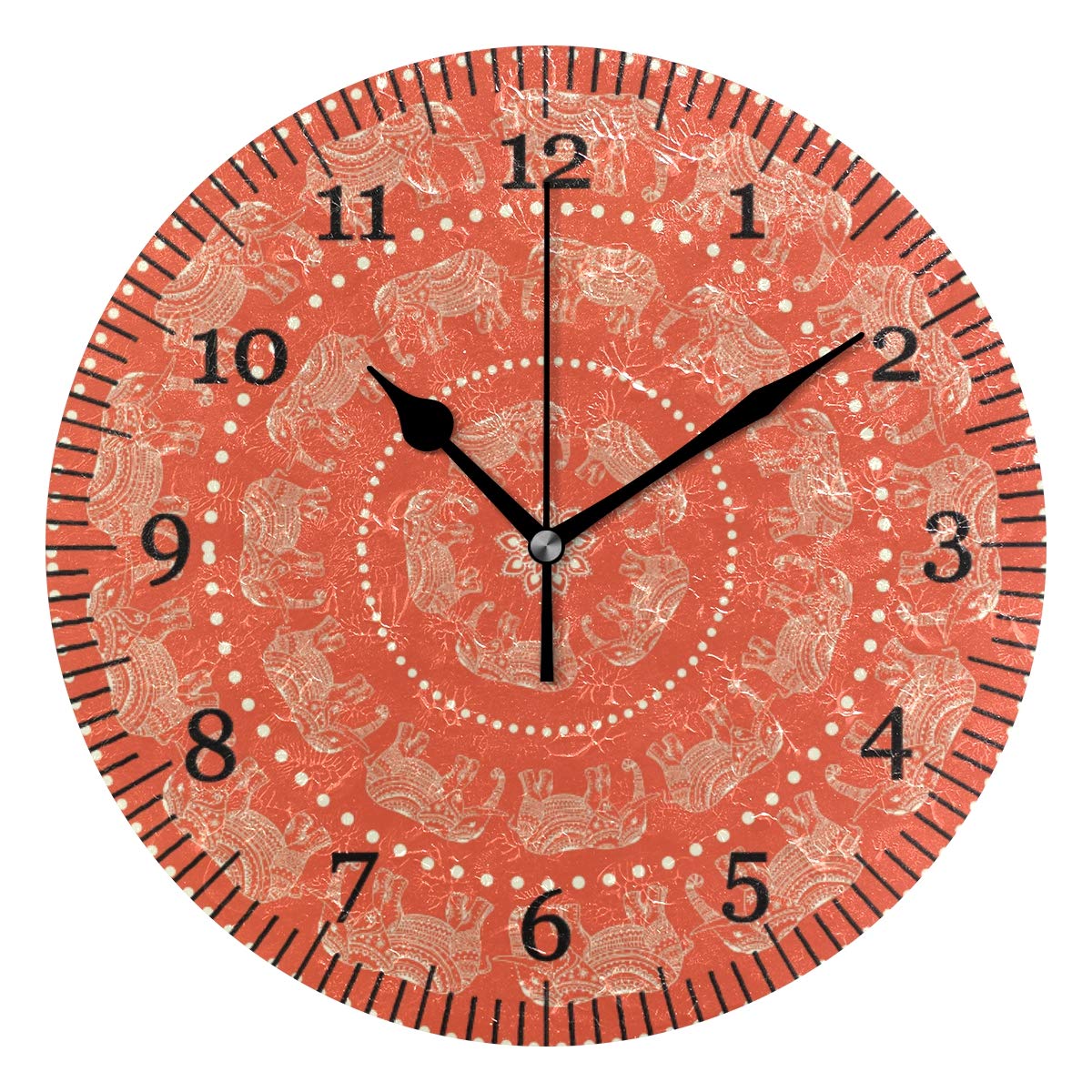 linomo Ethnic Mandala Elephant Wall Clock Decor, Silent Non Ticking Round Clock Quiet for Kitchen Living Room Bedroom Bathroom Office