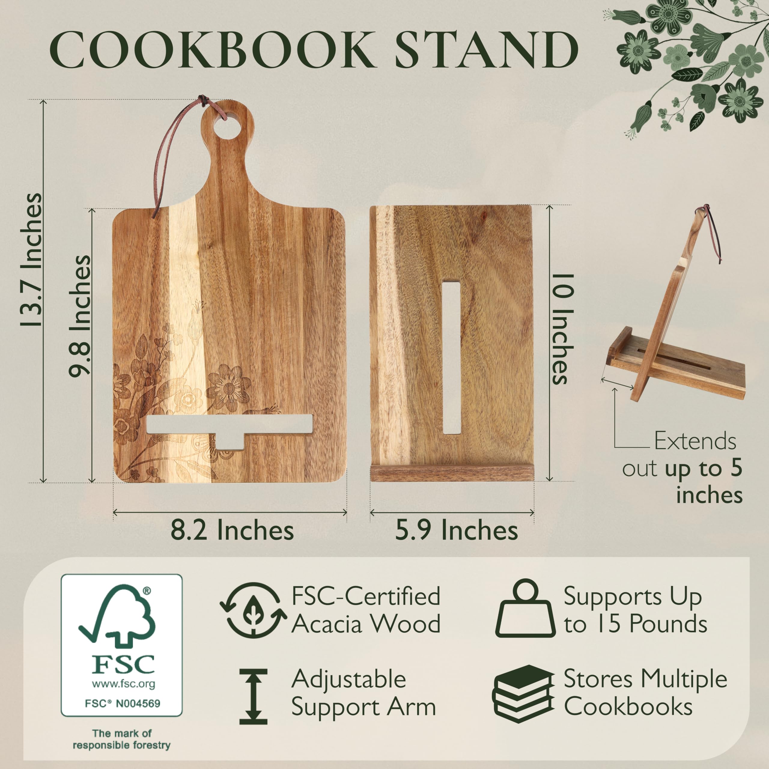 Acacia Wood Cookbook Stand - Vintage Style Recipe Holder For Kitchen Counter, Farmhouse Decor