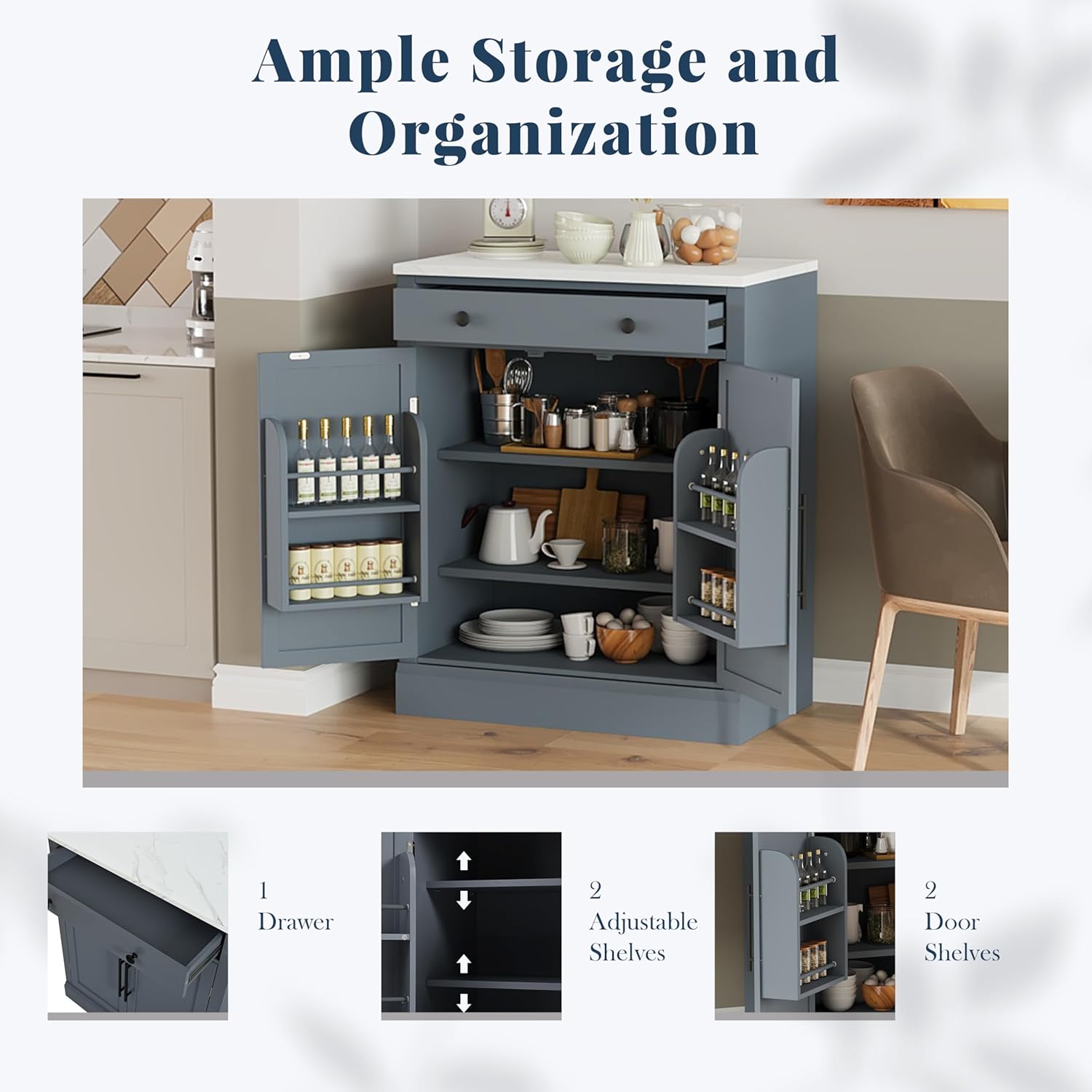 Kitchen Pantry Organizers with Storage,Modern Freestanding Buffet Food Cabinet with Drawer, 2 Adjustable Shelves and 2 Door Shelves for Dining (1, Grey)