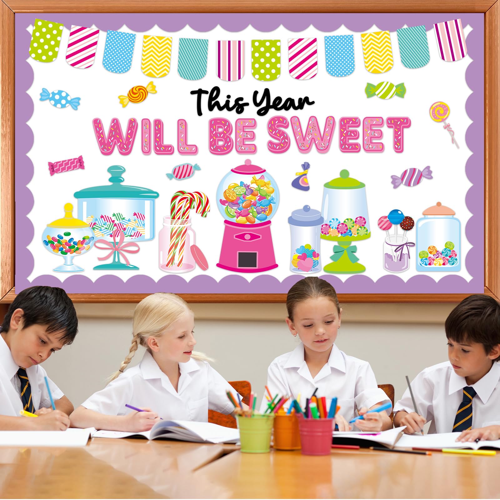 QOUBAI Juego de tablón de anuncios de caramelos, decoración de tablón de anuncios para aula, máquina de chicles, recortes de papel para bienvenida de regreso a clases, decoración de puerta de pared