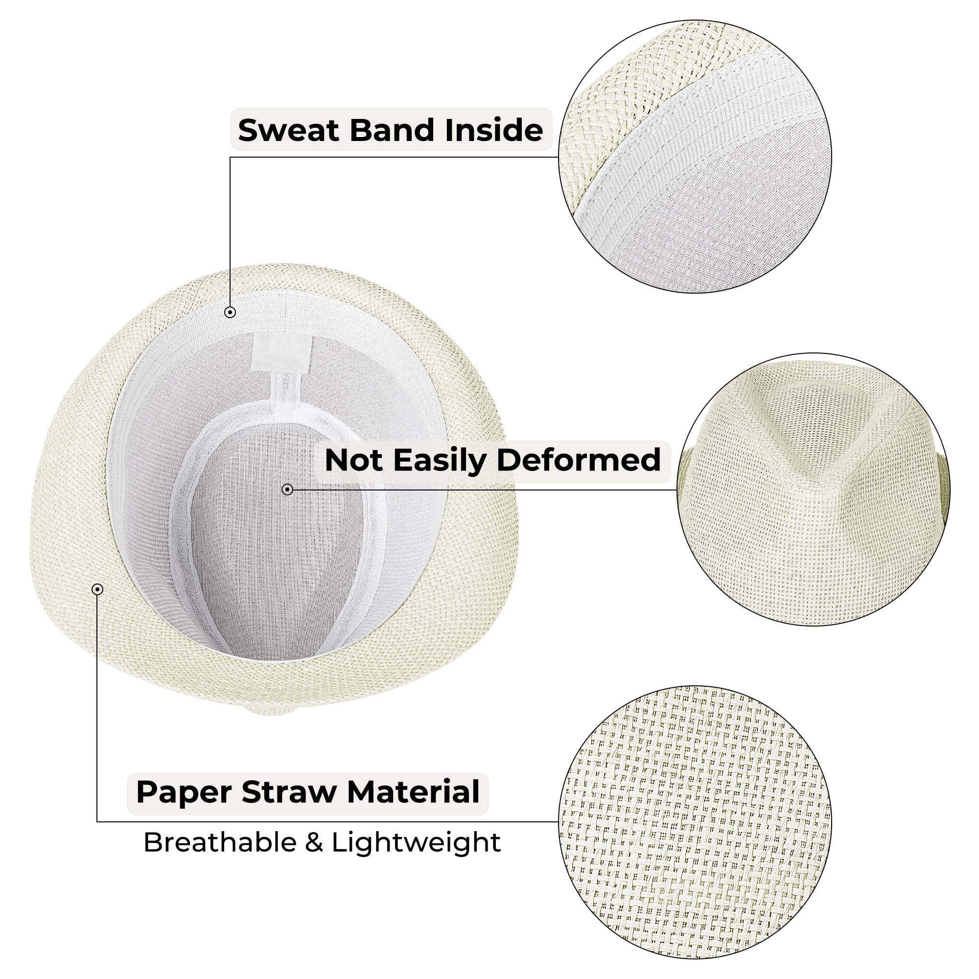 Straw Fedora Hat for Men Women Short Brim Panama Trilby Hat Sun Summer Beach Hat with Belt Buckle Cream