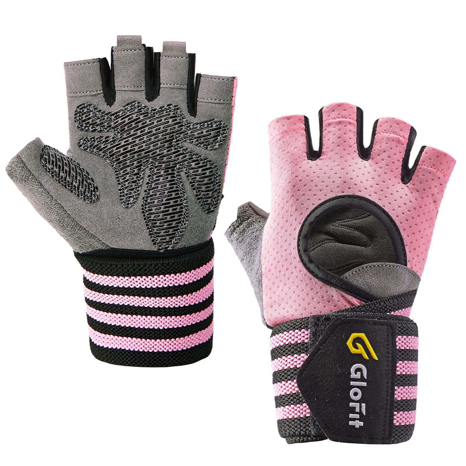 Workout Gloves with Wrist Wrap Support for Men & Women, Weight Lifting Gloves Anti-Slip Padded Palm Fingerless Exercise Glove for Powerlifting, Gym, Training