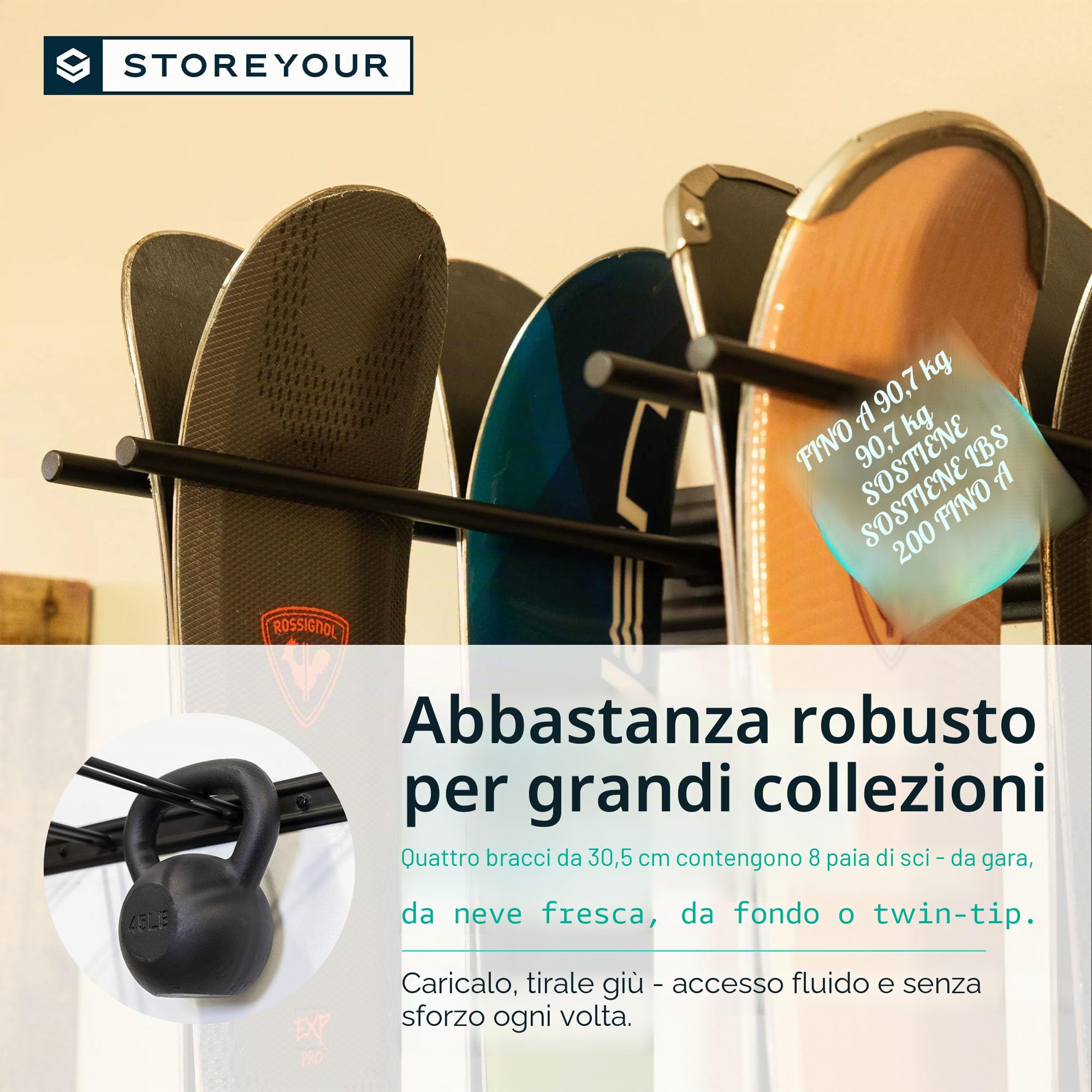 StoreYourBoard Porta sci a muro, può contenere 8 paia, supporto per sci da casa in acciaio e garage (Nero)