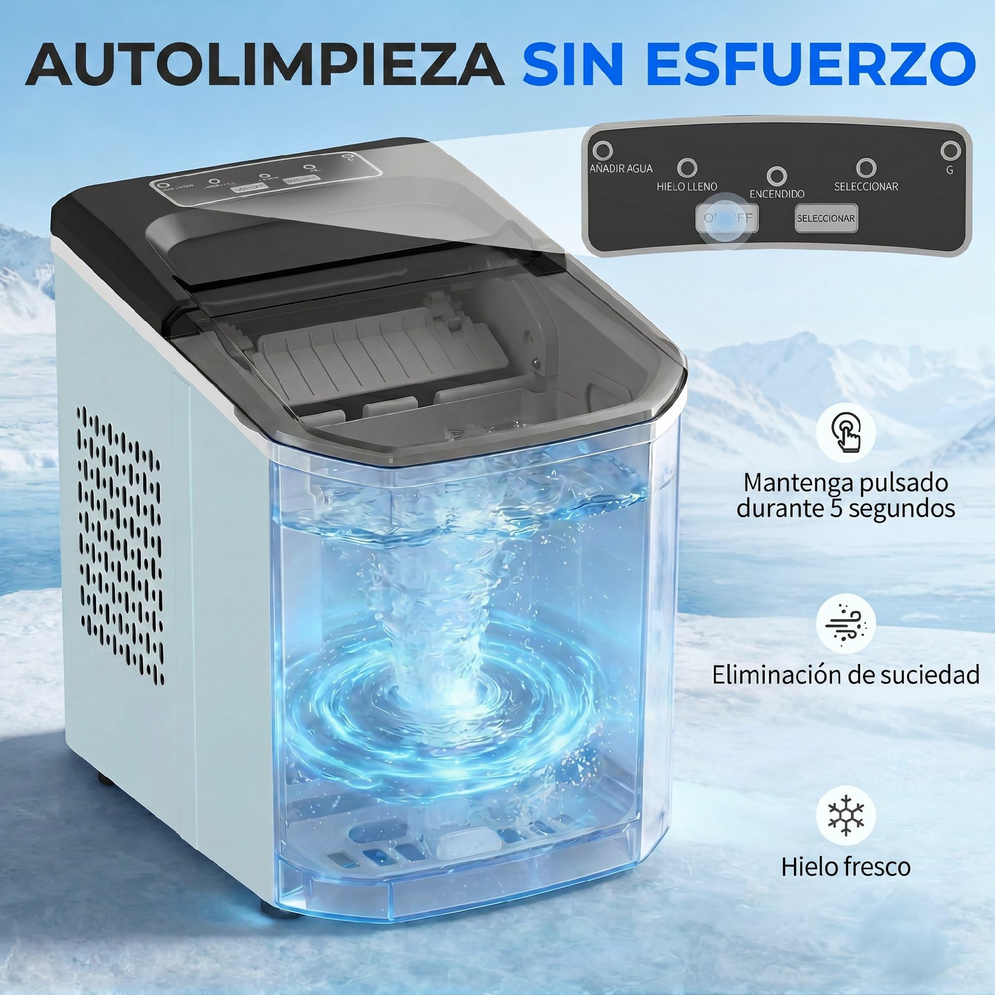 HOMCOM Máquina de Hielo, Máquina de Cubitos de Hielo Autolimpiable, 12 kg/24H, 9 Cubitos Listos en 7 Minutos, 2 Tamaños de Hielo, 1,5L Depósito, para Hogar, Cocina, Oficina, Bar, Azul — view 6