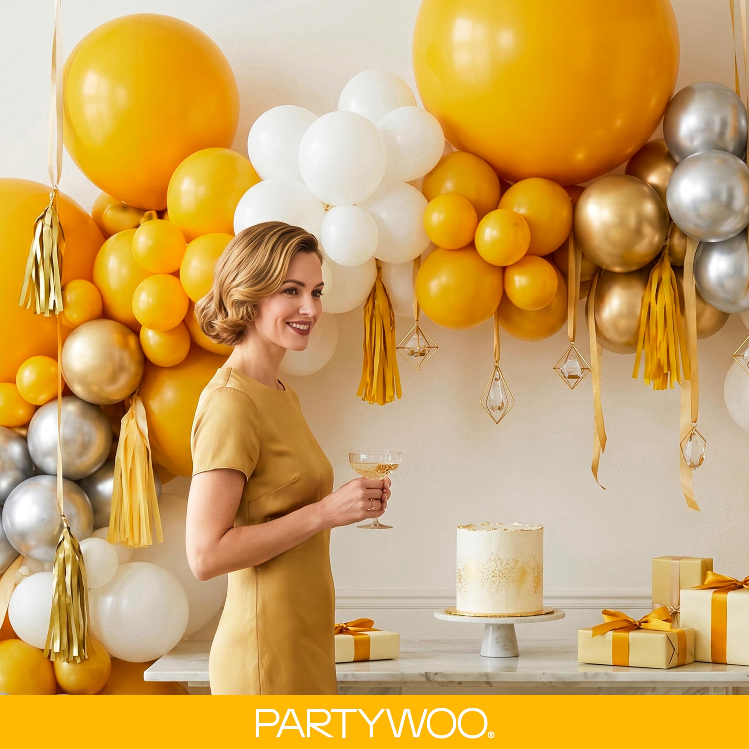 PartyWoo Globos de color amarillo mostaza, 140 piezas de diferentes tamaños de 18, 12, 10 y 5 pulgadas, kit de arco de globos de otoño para cumpleaños, baby shower, girasol, pequeño lindo, decoración