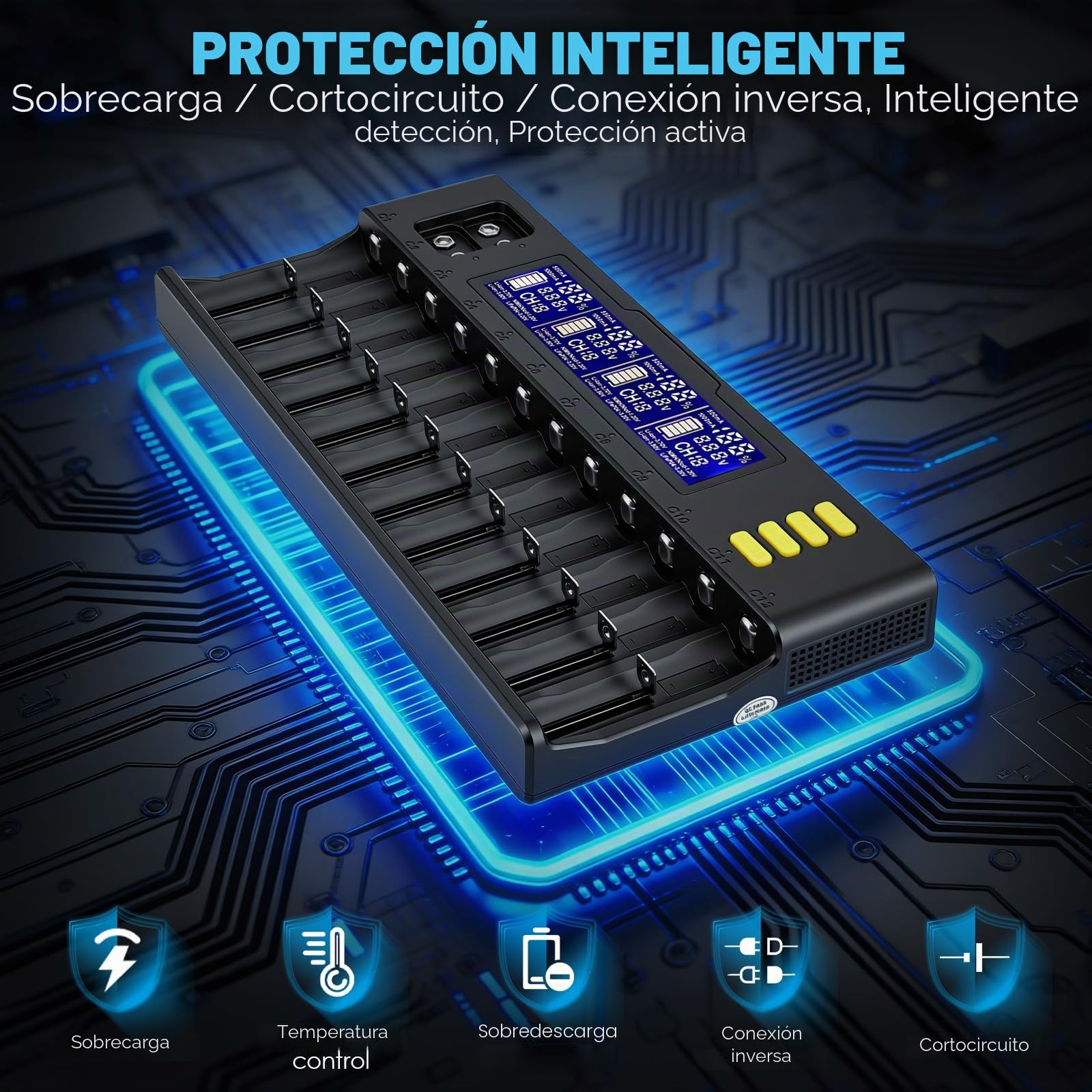 Cargador 18650,Cargador De Pilas Recargables para 18650,20700,26650,17500,16340,14500,AA,AAA,9V,Ni-Mh,12+2 Ranuras,con Pantalla LCD,Múltiples Funciones De Protección