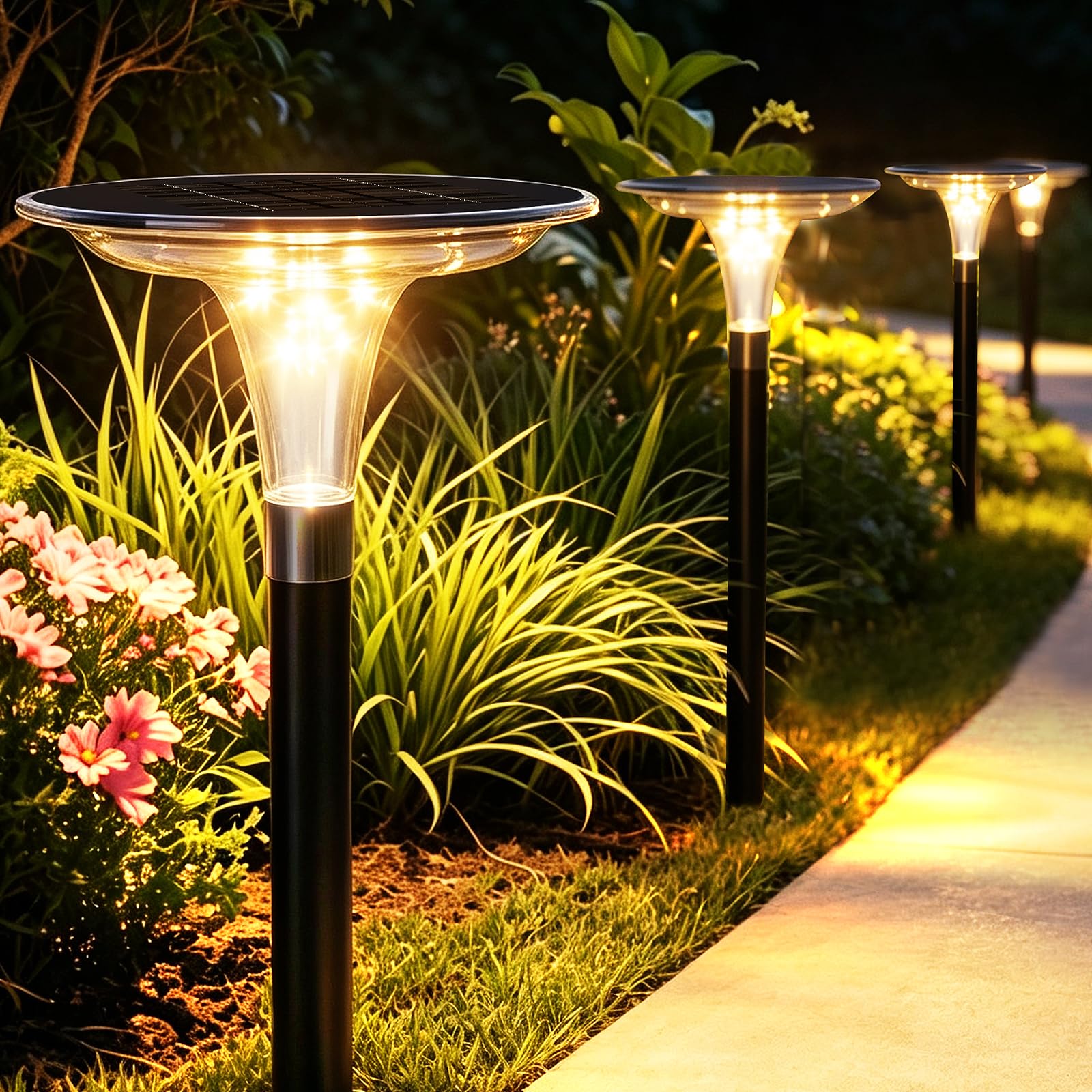 Solarlampen für außen Garten, 4er-Set Wegeleuchten, 3 Lichtfarben | 3000K/4500K/6500K, 200 lm, 360° Rundumlicht, über 12 Std. Laufzeit, IP65, 3 Höhen für Wege Einfahrt und Terrasse