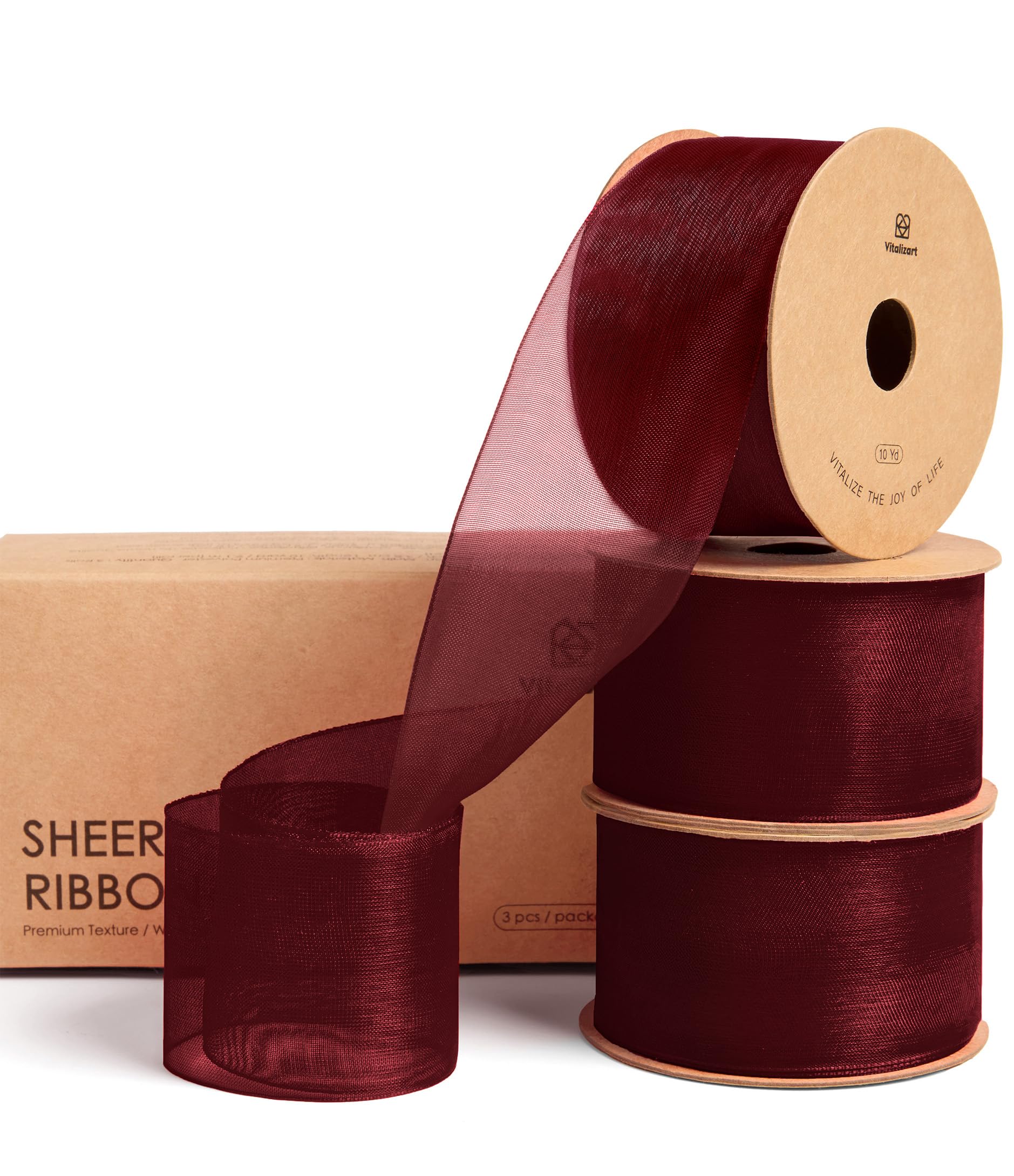 Vitalizart 1.5" x 30 Yd Burgundy Organza Ribbon 3 Rolls x 10 Yd, Fabric Sheer Ribbons for Gift Wrapping, Crafts, Wedding Invitations, Christmas Wreath Bows, Bouquet