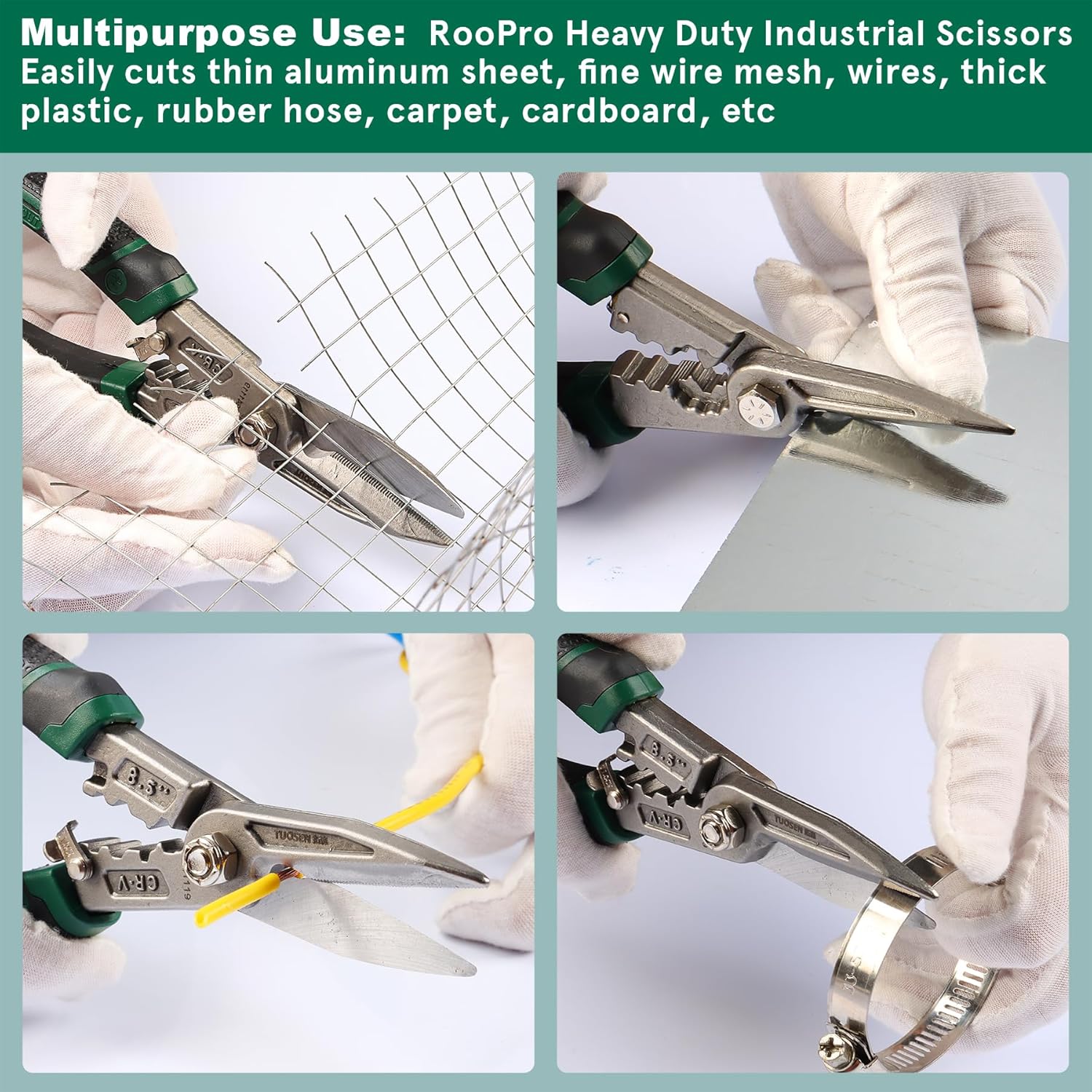 Heavy Duty Industrial Scissors, 8.5", CR-V Steel, Serrated Blades, Built-in Spring-Loaded Design, Cuts Aluminum Sheet, Wire Mesh, Plastic, Rubber Hose, Carpet, Cardboard, Left/Right-Handed