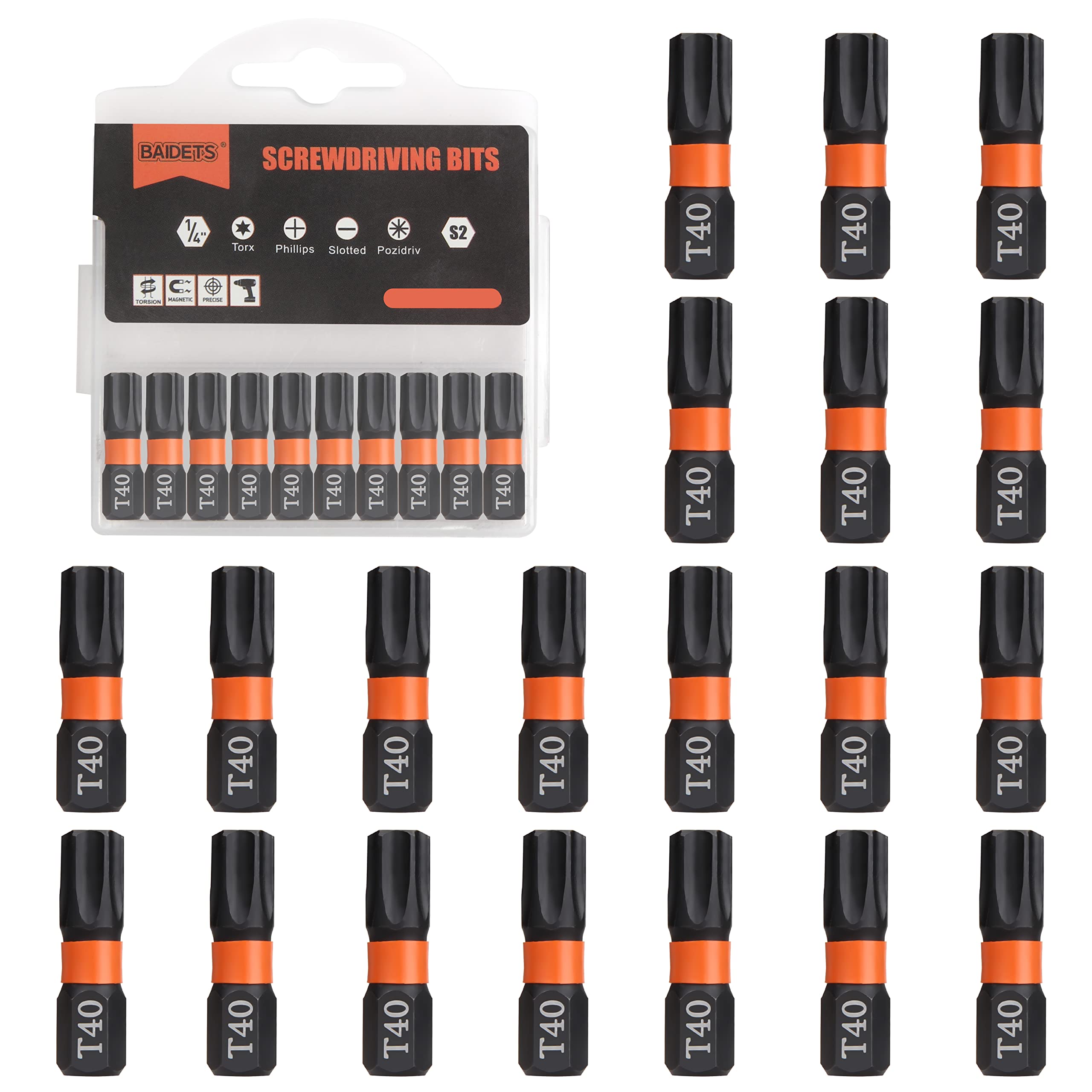 BAIDETS Pro T40 Bit-Sortiment - Schraubendreher Bits Set 20 Stück, 25mm Länge, Schrauber-Bit, 1/4