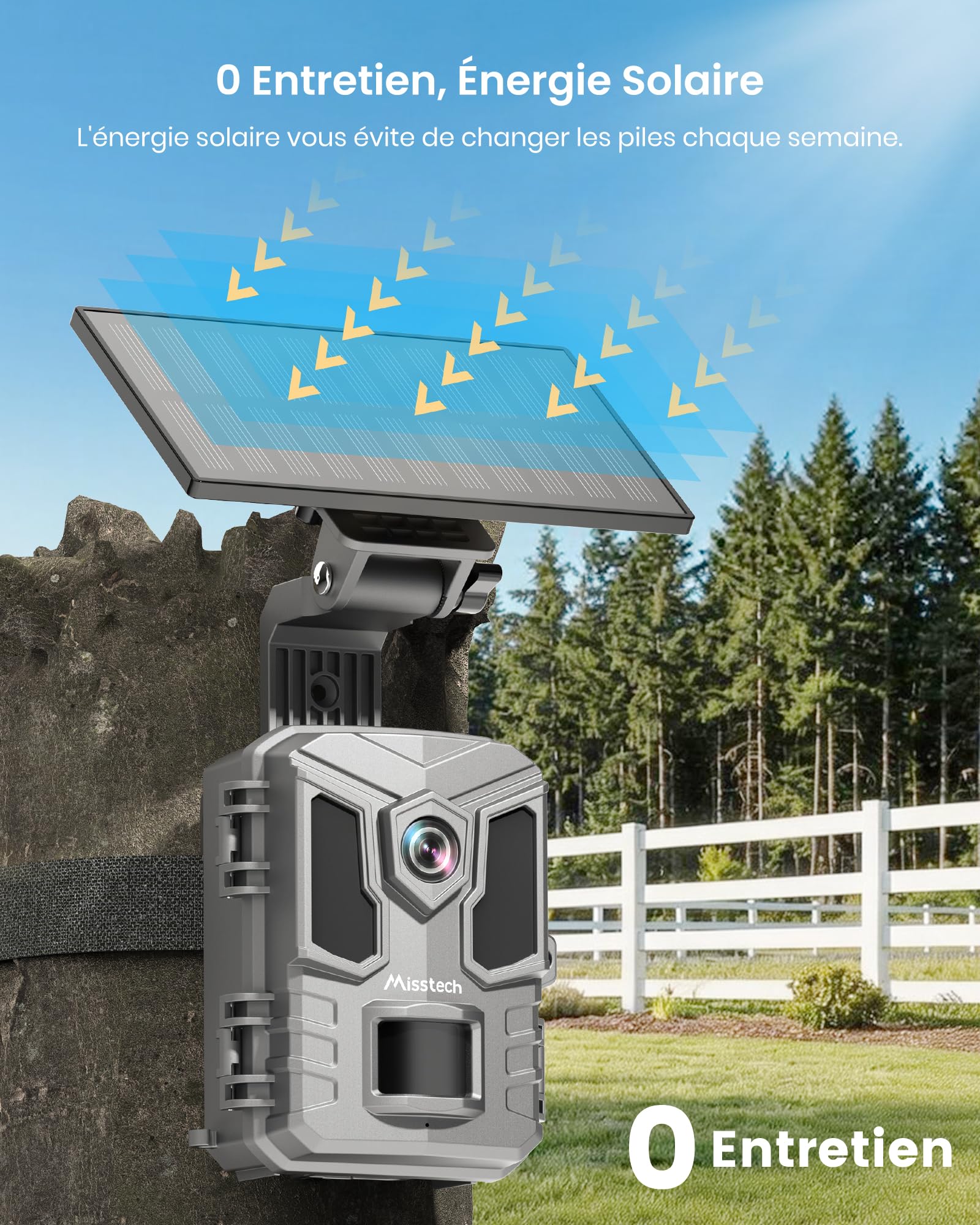 Misstech Caméra de Chasse Solaire 4K 64MP: Contrôle App, sans Abonnement | 0,1s Déclenchement, Vision Nocturne, IP66, Stockage Local, Idéal pour Jardin, Ferme et Observation des Animaux Sauvages