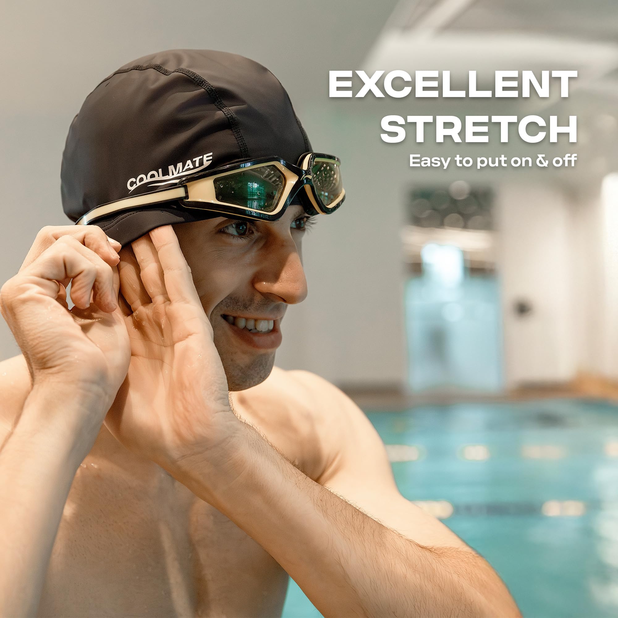 COOLMATE Fabric Swim Cap for Adult Women Men, Silicone Waterproof Layer, Cloth Swim Cap Gifts for Swimmers, Lightweight and Comfortable, Perfect for Pool, Beach, Lap Swimming (Black, L)