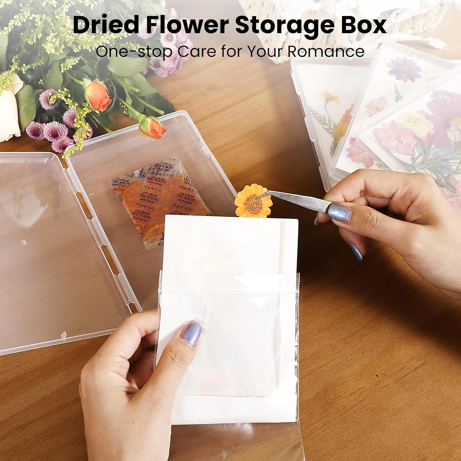 Aboofx 4 PCS Dried Flower Storage Set with Blotting Paper & 5LBS Flower Drying Silica Gel Crystals with Airtight Container, Brush, Ice Scraper & Gloves, for DIY Art Craft Lovers, Transparent & 5LBS