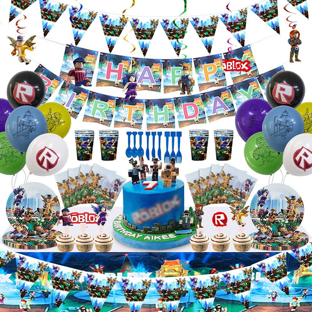 186PCS rooblox Birthday Party Supplies Video Game Party Decorations Table Cover Plates Cups Napkins Utensils Birthday Banner & Balloons Serves 20 Guests