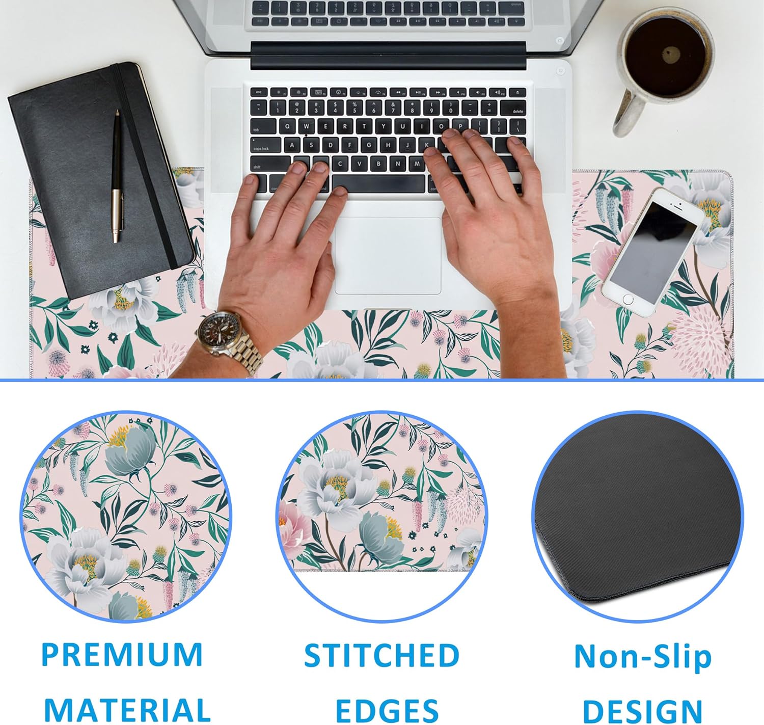 Floral Desk Mat,Large Gaming Mouse Pad,Non-Slip Rubber Base Desk Pad with Stitched Edges for Desk Office Home Decor 35.4X15.7 Inch - Image 3
